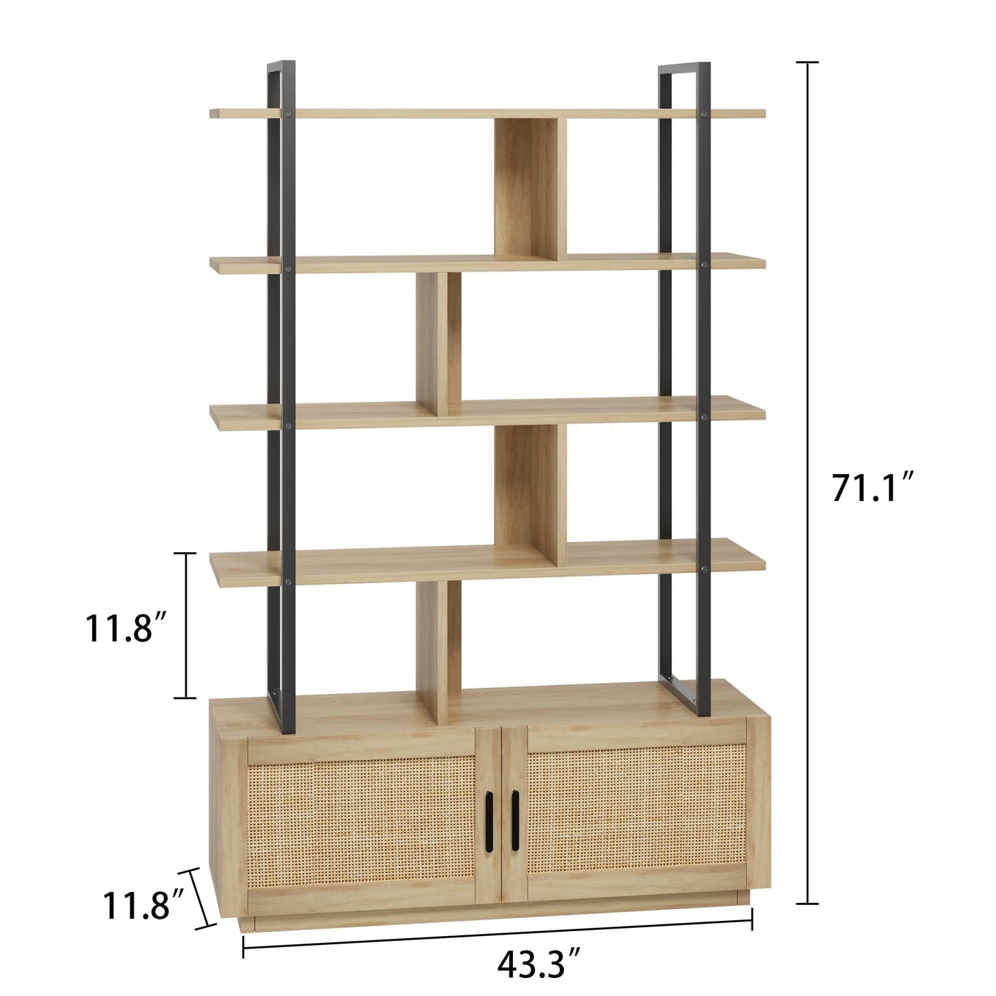 5 Tier Rattan Bookshelf with Storage Cabinet & Door, 71.1 Inch Tall Industrial Book Shelf with Open Display Shelves, 5 Shelf Bookcase with Metal Frame for Living Room, Bedroom (Wood)