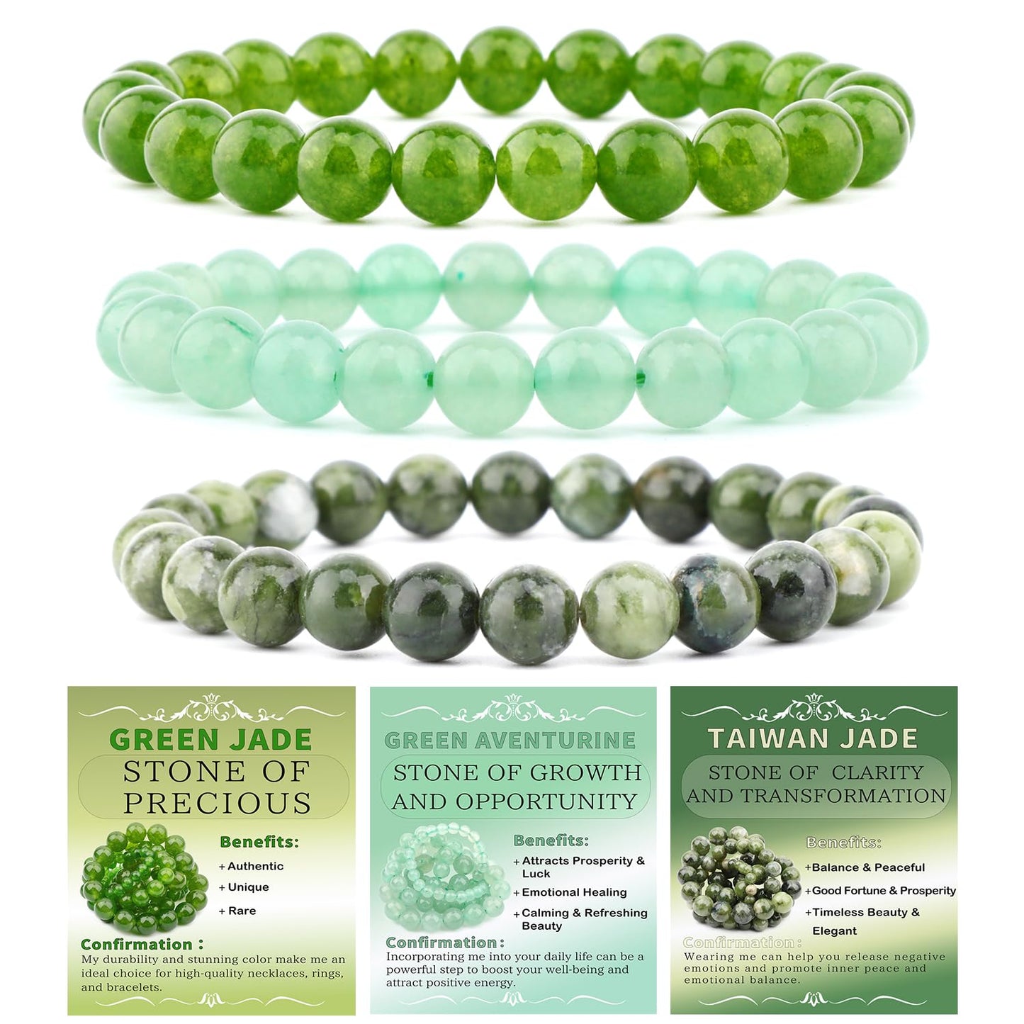 NCB 3-Piece 8mm Natural Crystal Gemstone Stretch Bracelets – ﻿Green Jade, Green Aventurine, Taiwan Jade Handmade Reiki Energy Healing Jewelry for Meditation,Yoga, Unisex