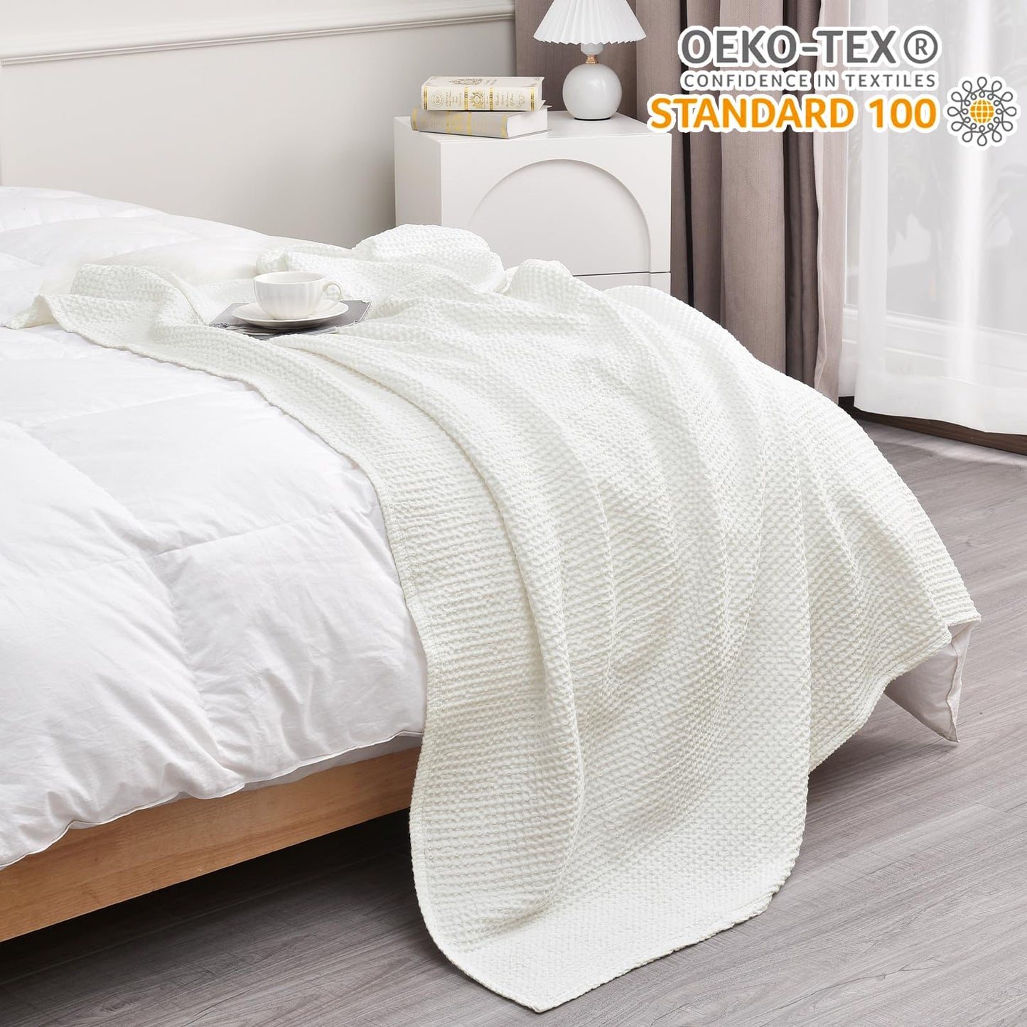 PHF Pre-Washed Cotton Waffle Weave Blanket Throw Size for Couch Bed,Snag Proof Spring Summer Lightweight Breathable,Oeko-TEX Certified,Machine Washable, Home Decor Gift，Cream