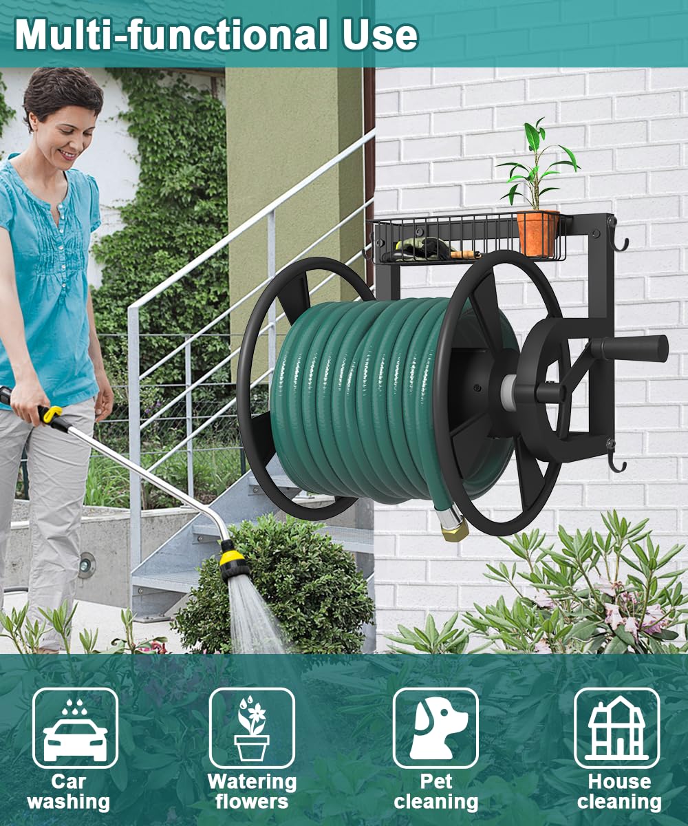 Artigarden Outdoor Wall Mounted Hose Reel with Hook, Garden Heavy-Duty Water Holder Winder with 3.9 ft Leader Hoses, Brass Fitting and Storage Basket for Yard, Holds 125 Ft of 5/8-Inch Hose, Black