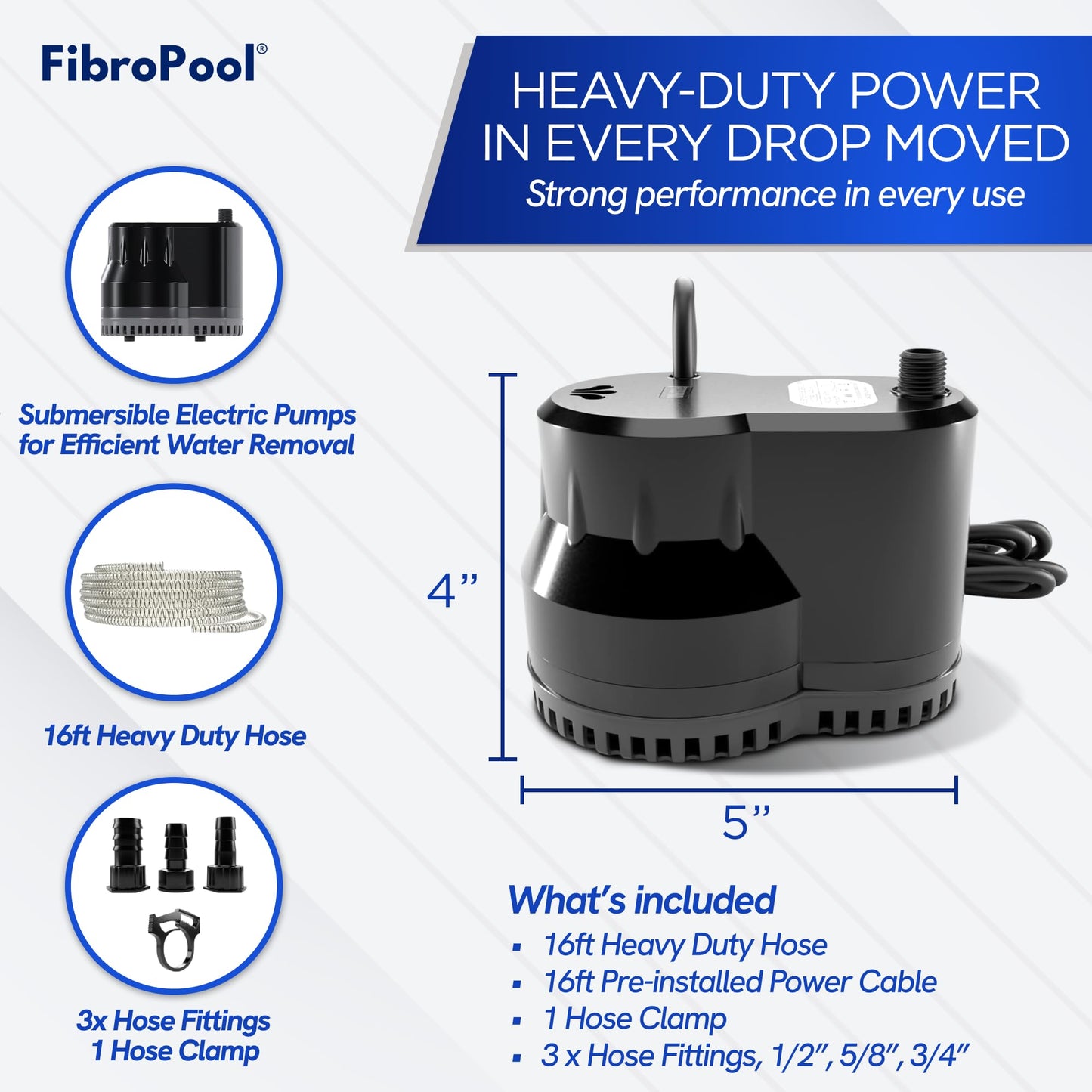 FibroPool 75W Submersible Pool Cover Pump – 10 GPM, 16 ft Hose Included – 120V Electric – Above Ground & Inground Pools, Spas & Ponds – ABS Plastic