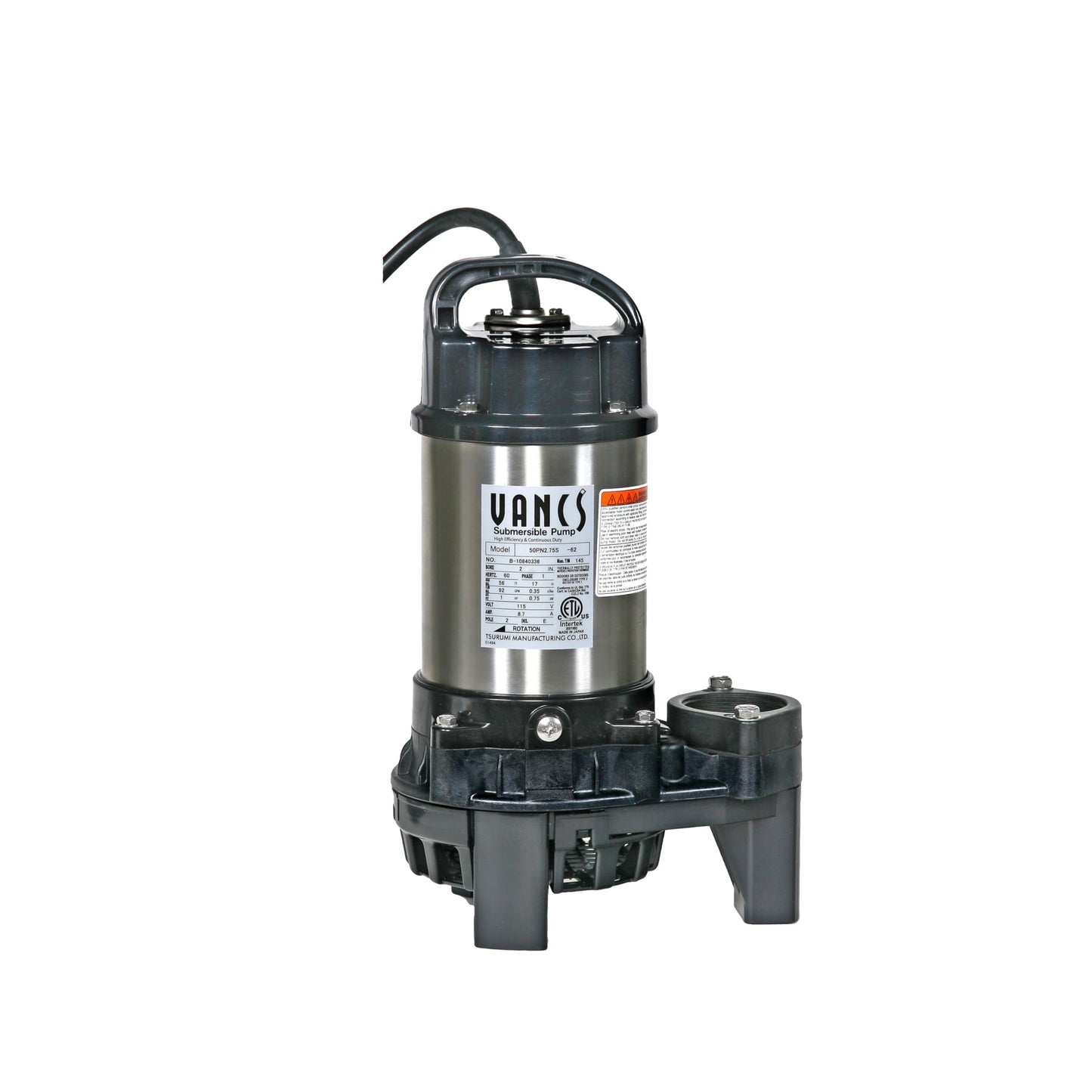 Tsurumi Pump 8PN (50PN2.75S) 1hp, 115V, Submersible Pond & Waterfall Pump, Stainless Steel, 5550 GPH. 2"" Discharge"