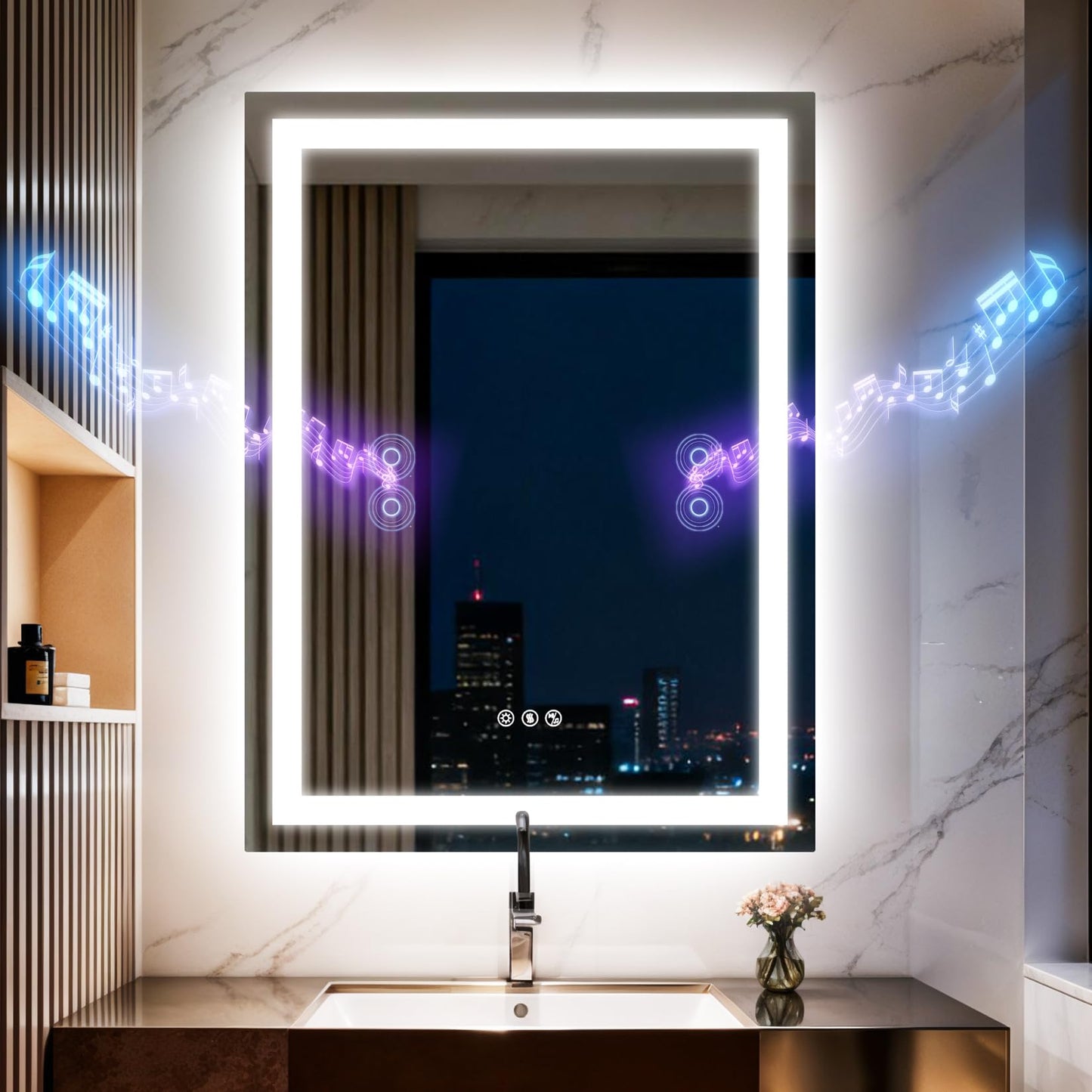 Olyvren 20"x28" LED Bathroom Mirror with Lights,Bluetooth Dual Speaker,Anti-Fog,3 Color Temperature,Dimmable Brightness,Memory Function,Waterproof,Wall Mount Design,Tempered Glass