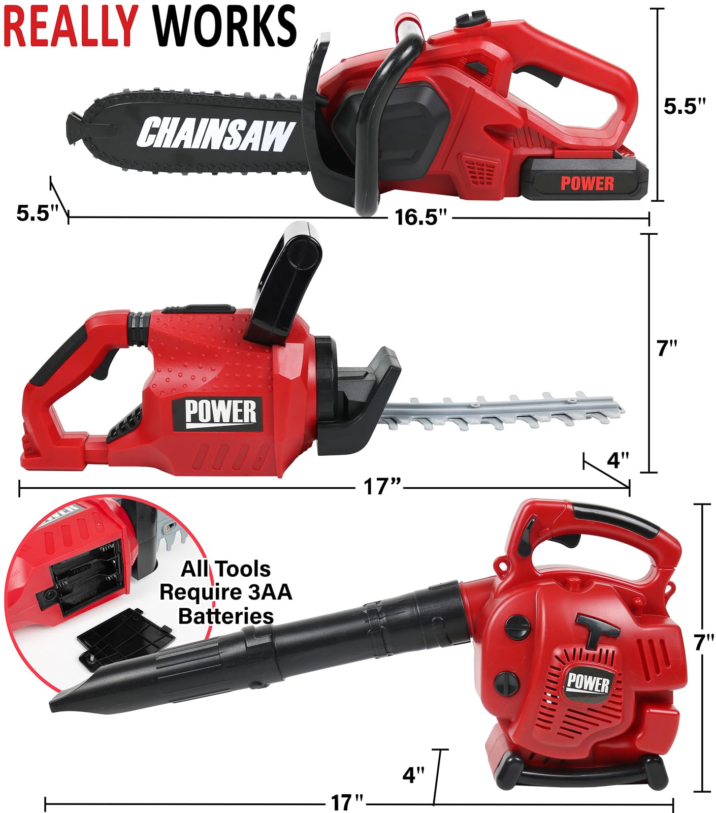 TeganPlay Power Garden Tools Set for Kids Battery Operated Toy Leaf Blower, Hedge Trimmer and Chainsaw Pretend Play for Boys Girls