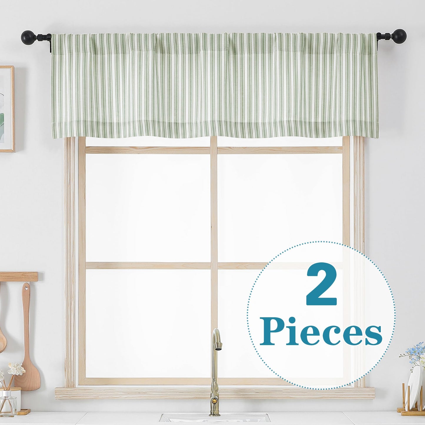 Chyhomenyc Striped Valances for Windows - Light Filtering Faux Linen Small Kitchen Valance Curtains, Boho Ticking Stripe Rod Pocket Farmhouse Valance for Living Room, 52Wx14L, 2 Pieces, Sage Green
