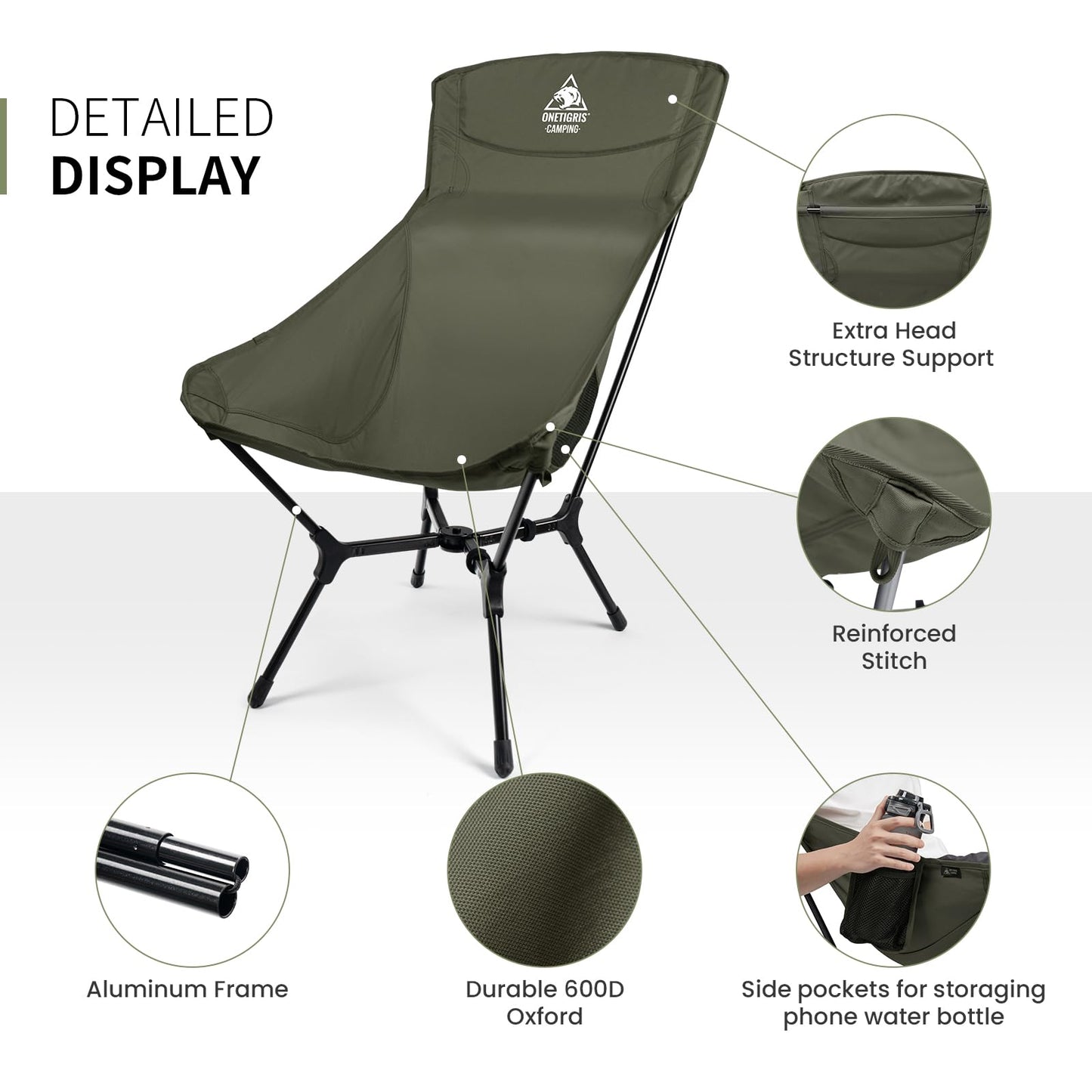 ONETIGRIS OasisFlex Camping Chair,High Back Folding Chair with Carry Bag,Great for Camping,Beach,Picnic,Park,Lawn,Sports and Outdoor Events
