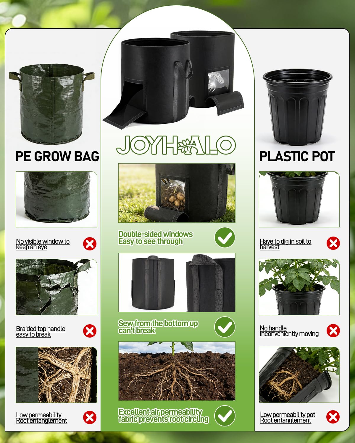 joyhalo 15 Gallon Potato Grow Bags, 4 Pack Planter Pot with Handles, Nonwoven Fabric Pots with Harvest Window & Visible Window, Heavy-Duty Planting Bags for Vegetable & Fruit, 5-Color Plant Labels