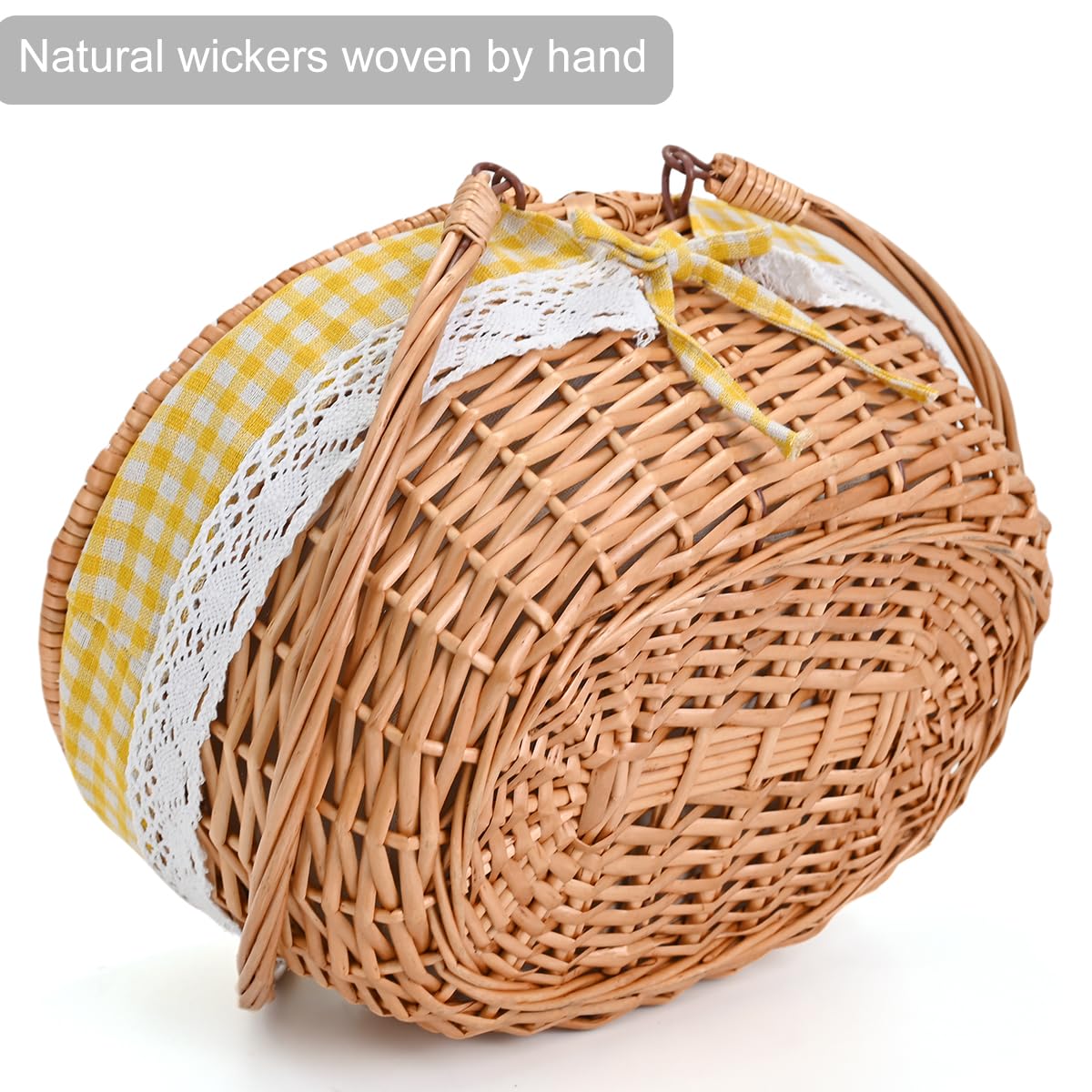 Large 15.4" Wicker Picnic Basket with Removable Liner Empty Picnic Baskets with Lid, Picnic Hamper with Foldable Handles for Picnic, Yellow Checkered, Large