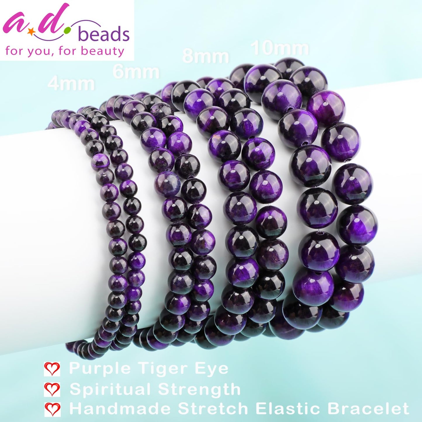 AD Beads 6mm Handmade Purple Tiger Eye Elastic Bracelet – Natural Gemstone for Peace and Tranquility – Meditation, Yoga, Healing and Energy Gift for Men Women
