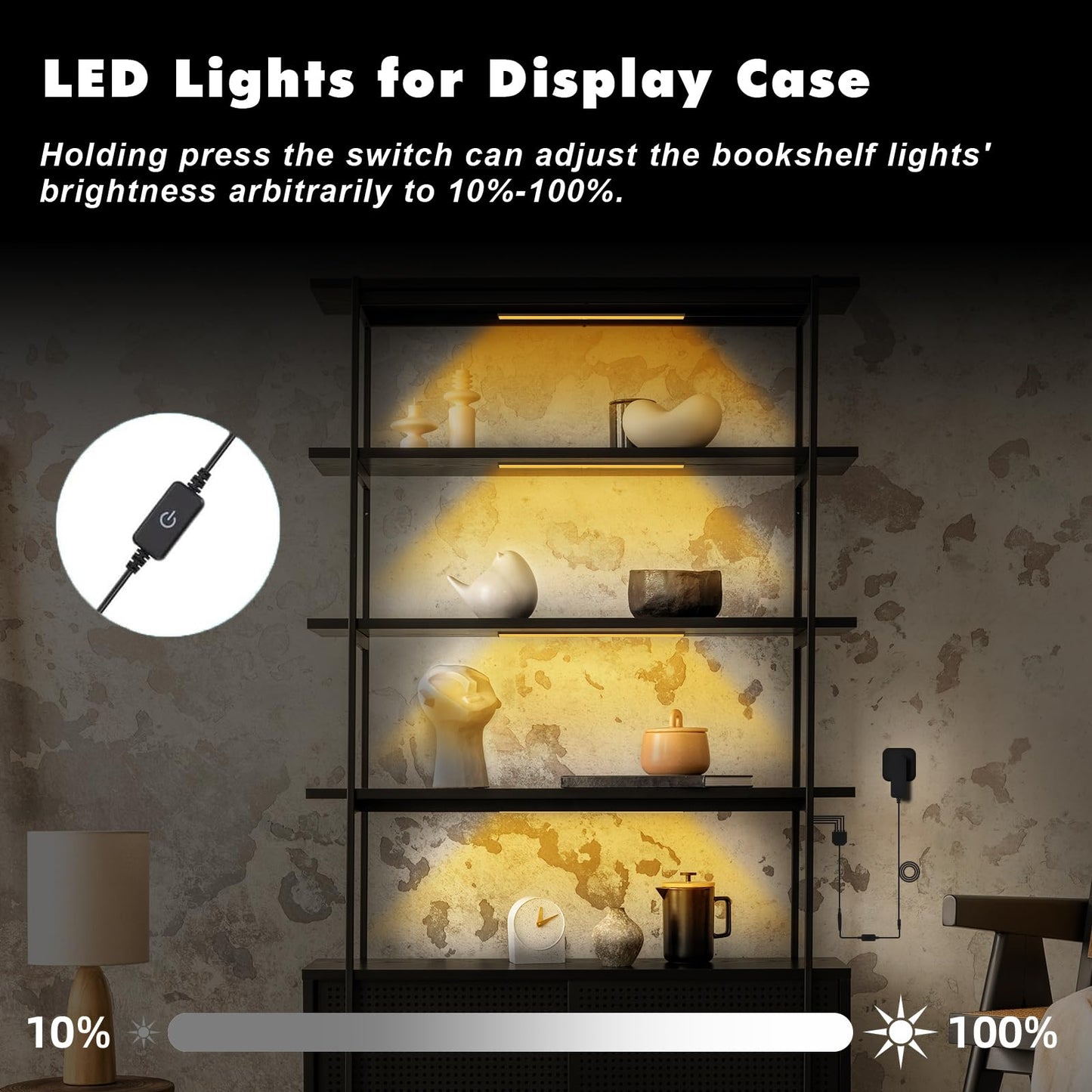 JUSJUBR Black Display Shelf Lighting, 4 Pack x12 Inch Display Lights for Display Case, LED Display Lights with Memory Function, Display Cabinet Lights for Pantry/Shelf/Case, Warm White 3000K