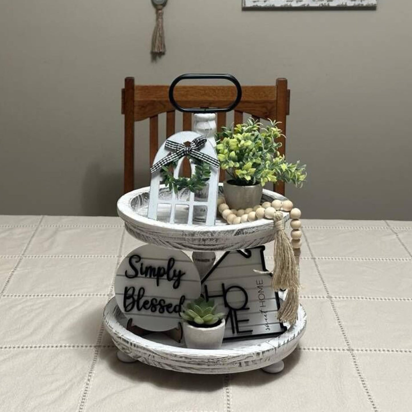 Houmury Rustic Farmhouse Tiered Tray Set with Succulent & Plant - Home Decor for Kitchens (Set of 8 Without Trays)