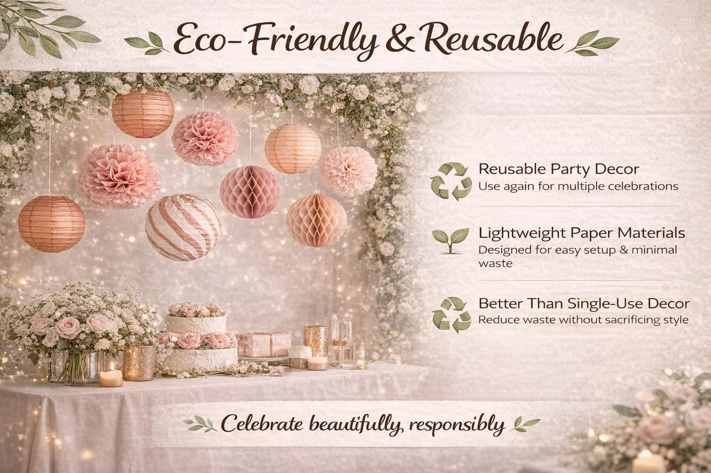 Decorative Paper Pom Poms and Lanterns Set, Rose Pink and White, Party Hanging Decor for Celebrations and Events