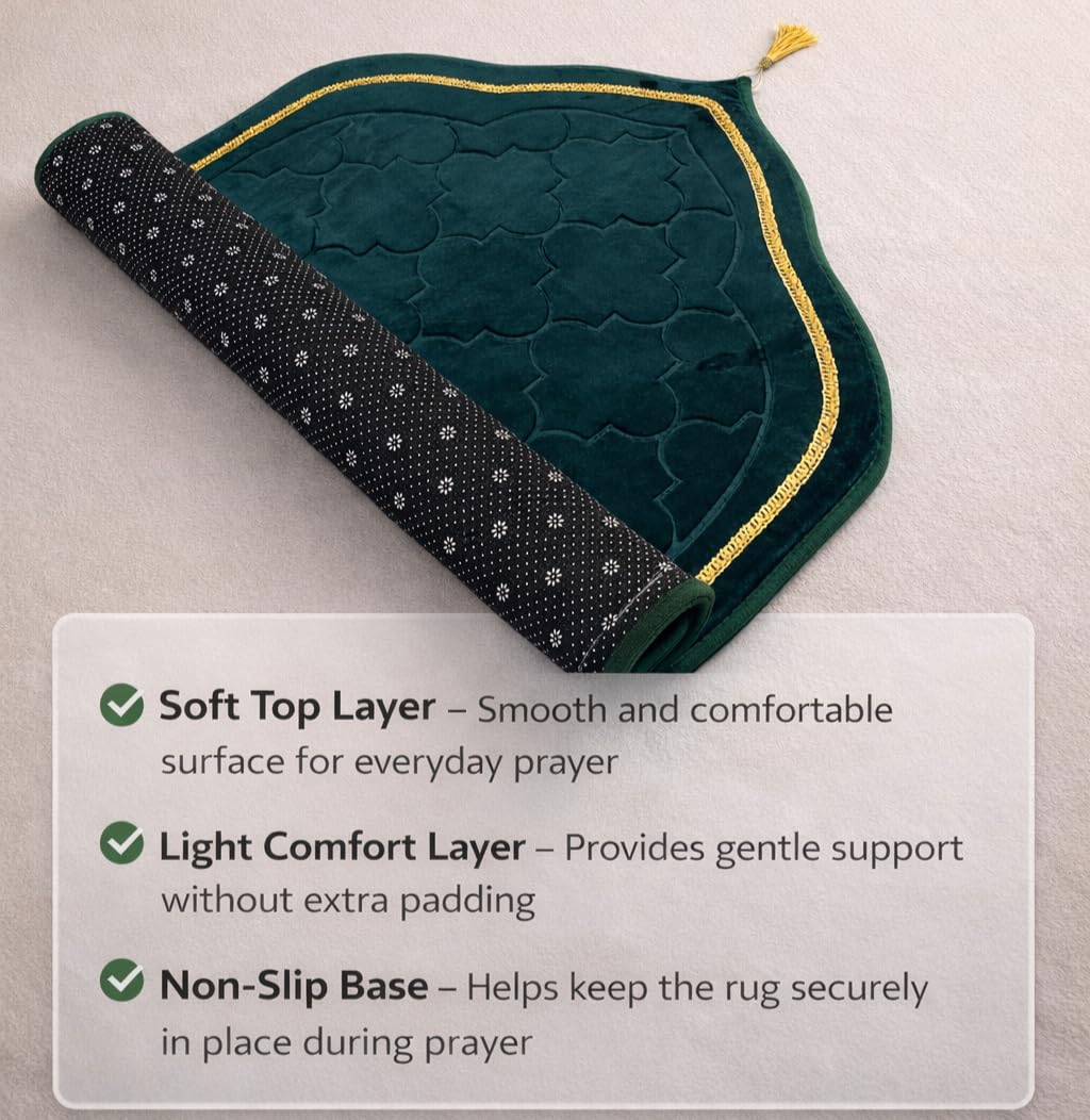 Islamika Prayer Mat Islamic Muslim Rug - Thick Padded mat Sajadah Men Women with Islam Prayer Beads for Eid Travel Ramadan, Soft and Padded (Green)
