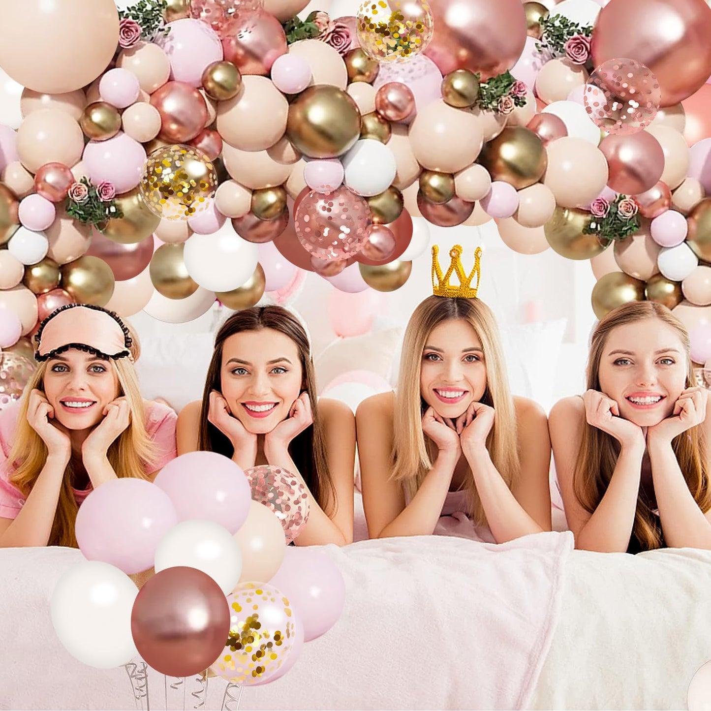 Rose Gold Balloon Garland Kit, Nude Pastel Pink Metallic Gold Matte White Balloons Gold and Rose Gold Confetti Balloons for Valentines Day Wedding Bridal Shower Party Girl Birthday Decorations
