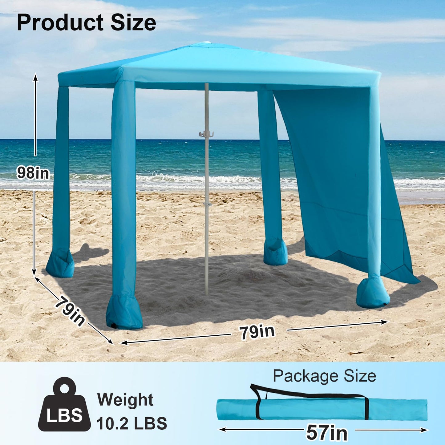 Beach Cabana, 6.6'×6.6' Portable Beach Canopy with Side Wall, Easy Up UPF 50+ Beach Tent Sun Shelter with Sand Pockets, Waterproof Cabana Umbrella Tent for Family, Backyards, Camping, Blue