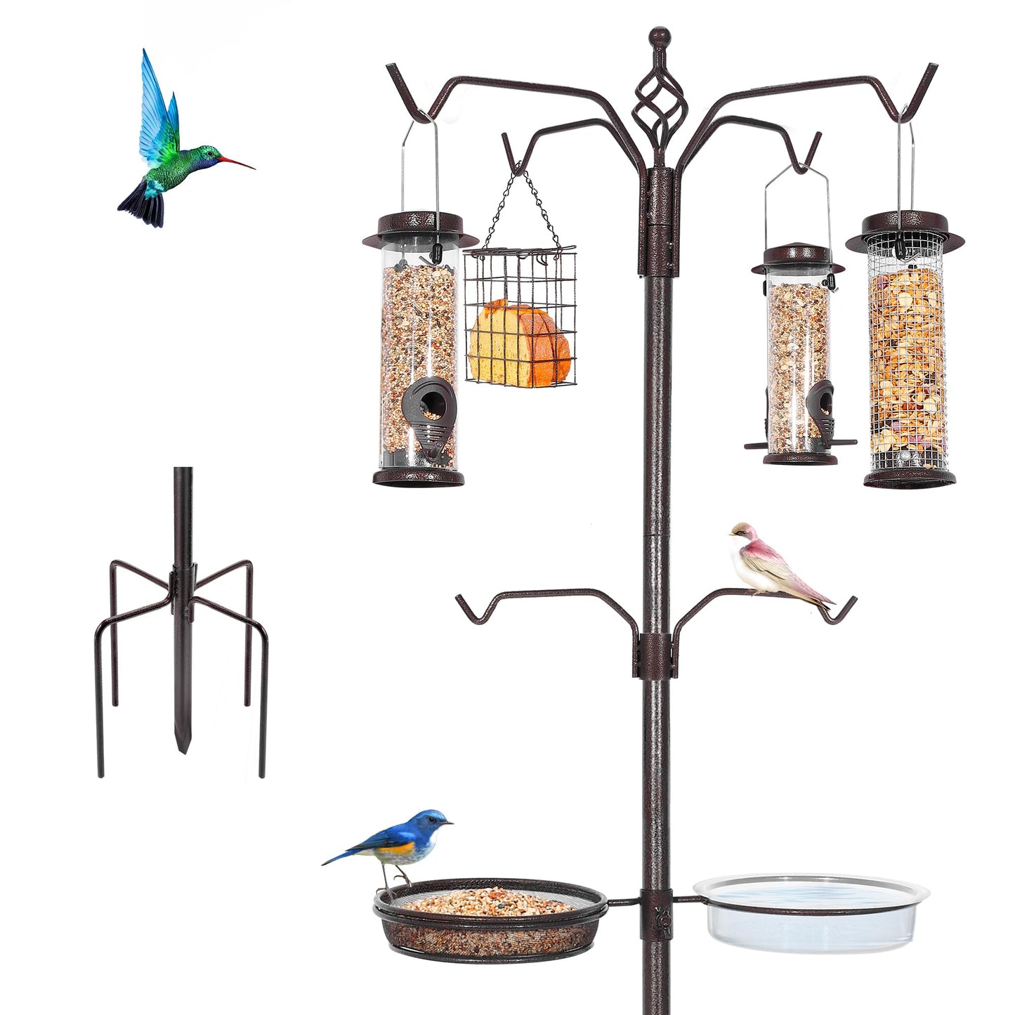 YINGYM Bird Feeding Station Kit, 94 Inch Bird Feeder Pole Stand for Outdoors Hanging with 4 Feeders, Metal Suet and Bath Tray for Wild Birds Watching