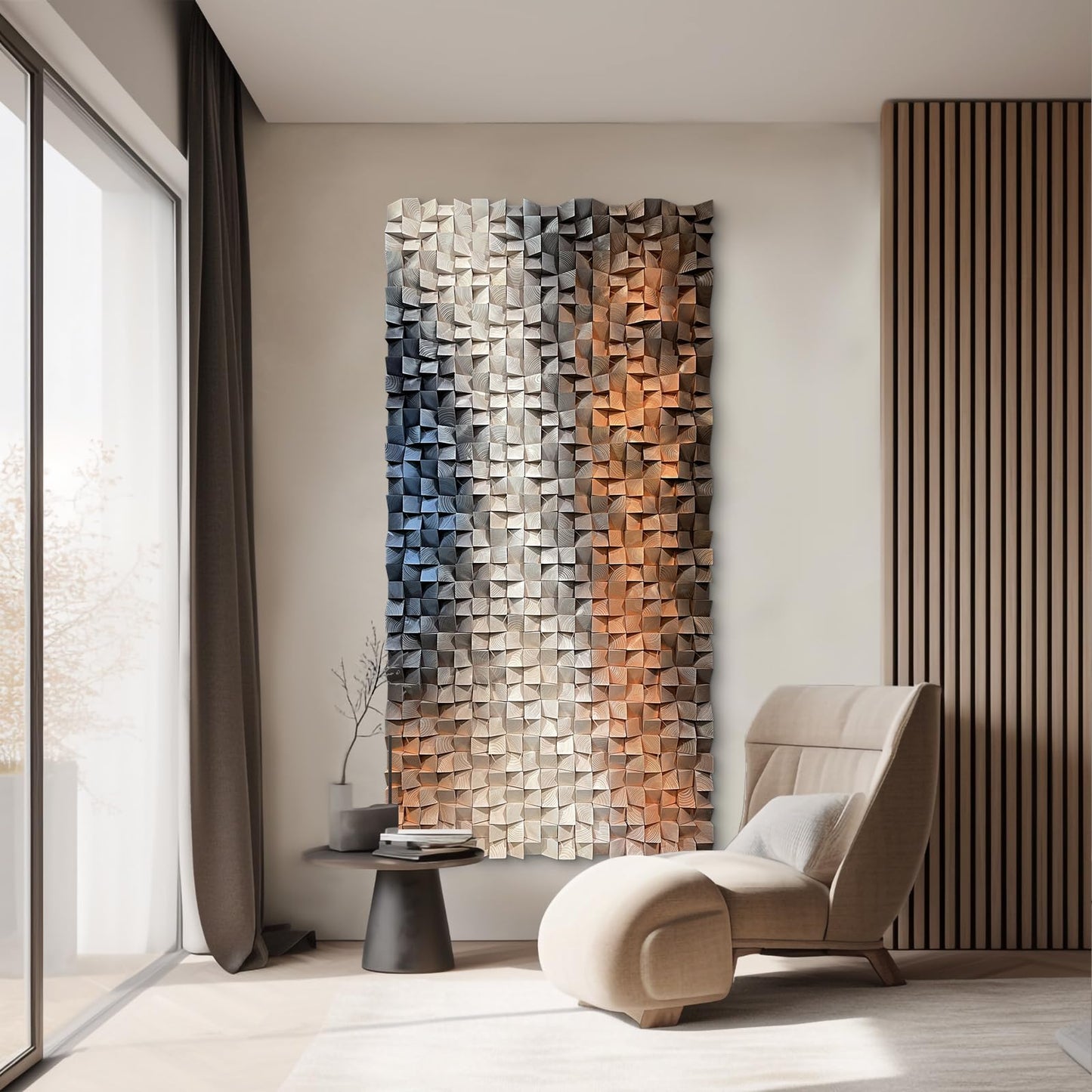LIUZEYUE Large Wood Wall Art, 3D Textured Mosaic with Geometric Lines, Statement Piece for Stairway Wall or Bedroom, Easy Installation, 27.6x55.1 Inches