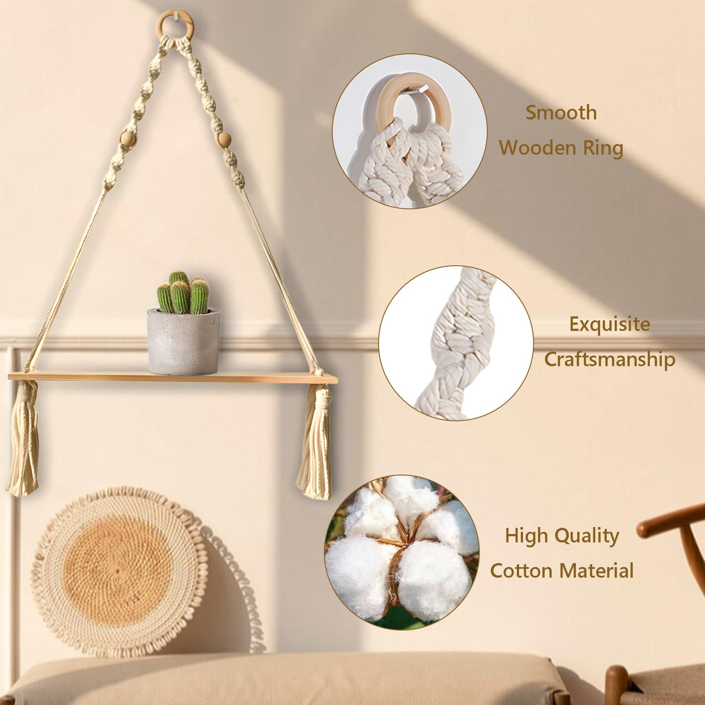 BusonQueen Boho Macrame Wall Hanging Shelves,Wooden Floating Shelves for Wall with Handmade Woven Rope for Home Decor