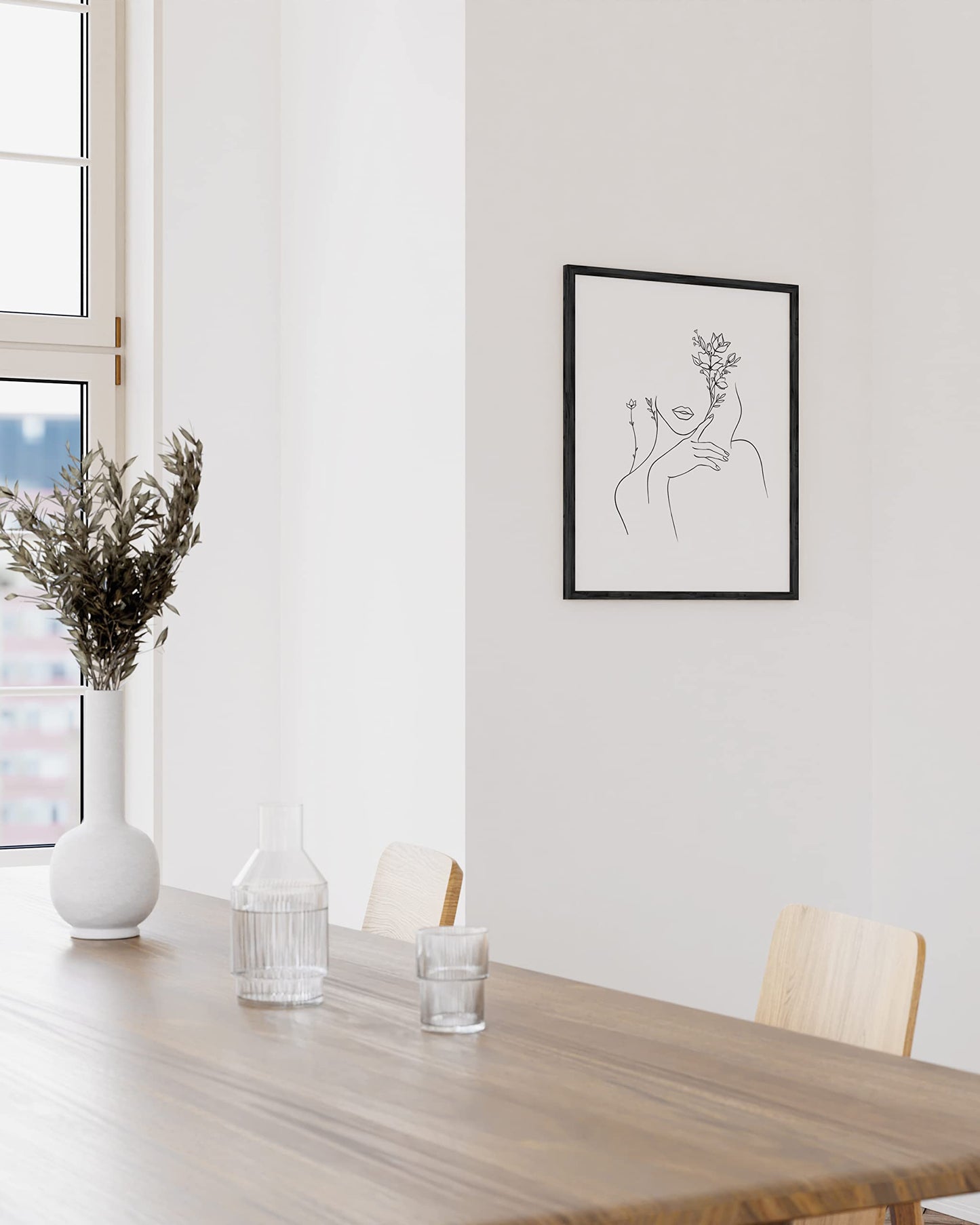 HAUS AND HUES Black and White Prints Line Art Line Art Wall Decor Minimalist Wall Art for Women, Line Drawings Minimalist Silhouette Wall Art Female UNFRAMED 12” x 16” (Woman with Flower)