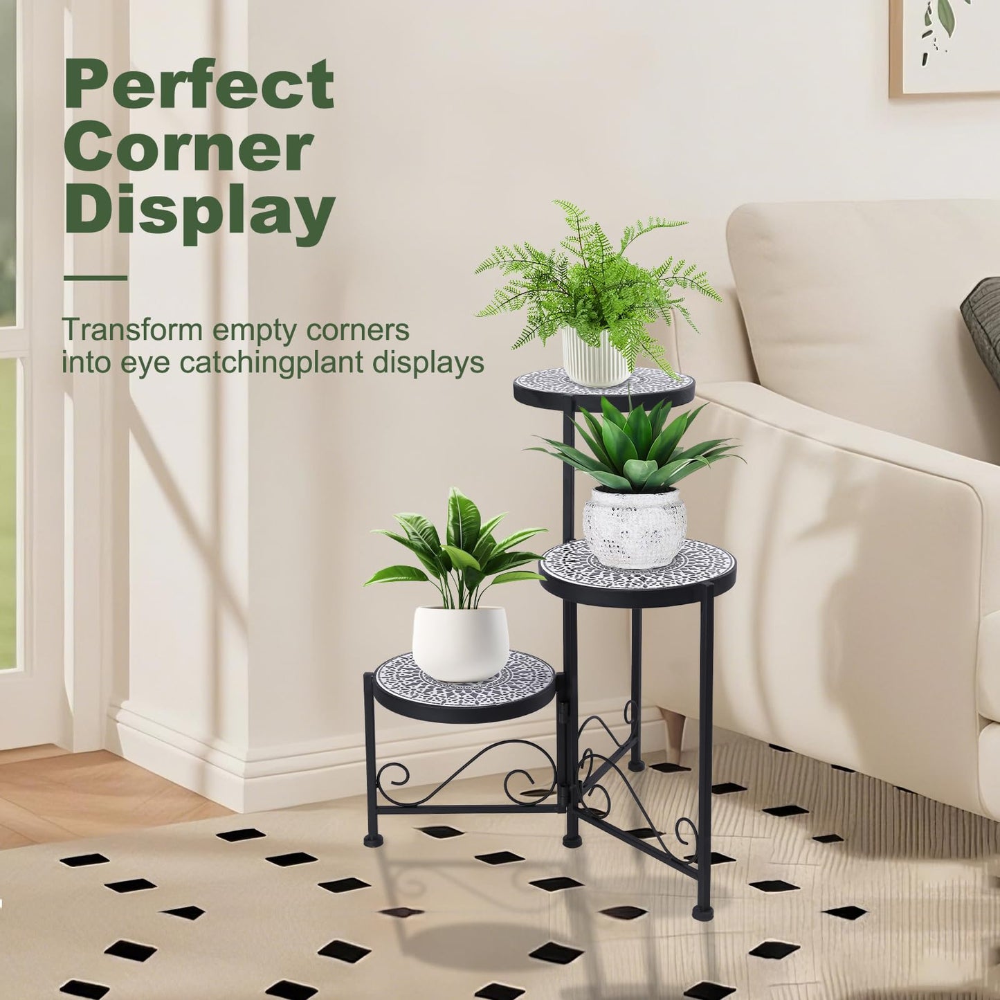 Chonsun 3 Tier Mosaic Plant Stand Foldable Corner Shelf for Indoor Outdoor Tall Plant Holder Display Rack for Patio Balcony Living Room Garden Decor