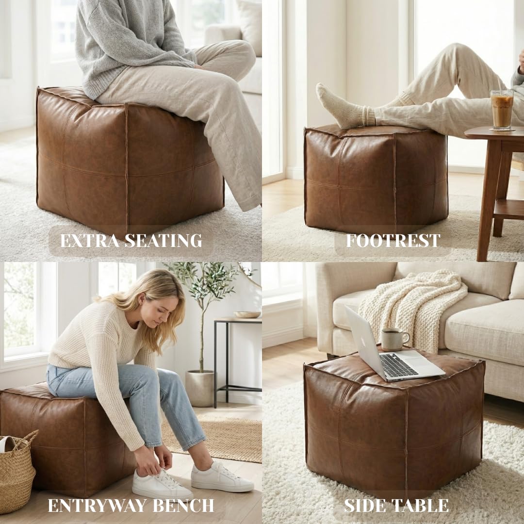 SOFTSOUL DIY Fillable Storage Ottoman – Stuff with Clothes, Blankets or Toys to Create Seat or Footstool, Space-Saving Faux Leather Square Pouf Organizer (Unfilled), 17.7”×17.7”×15.7”