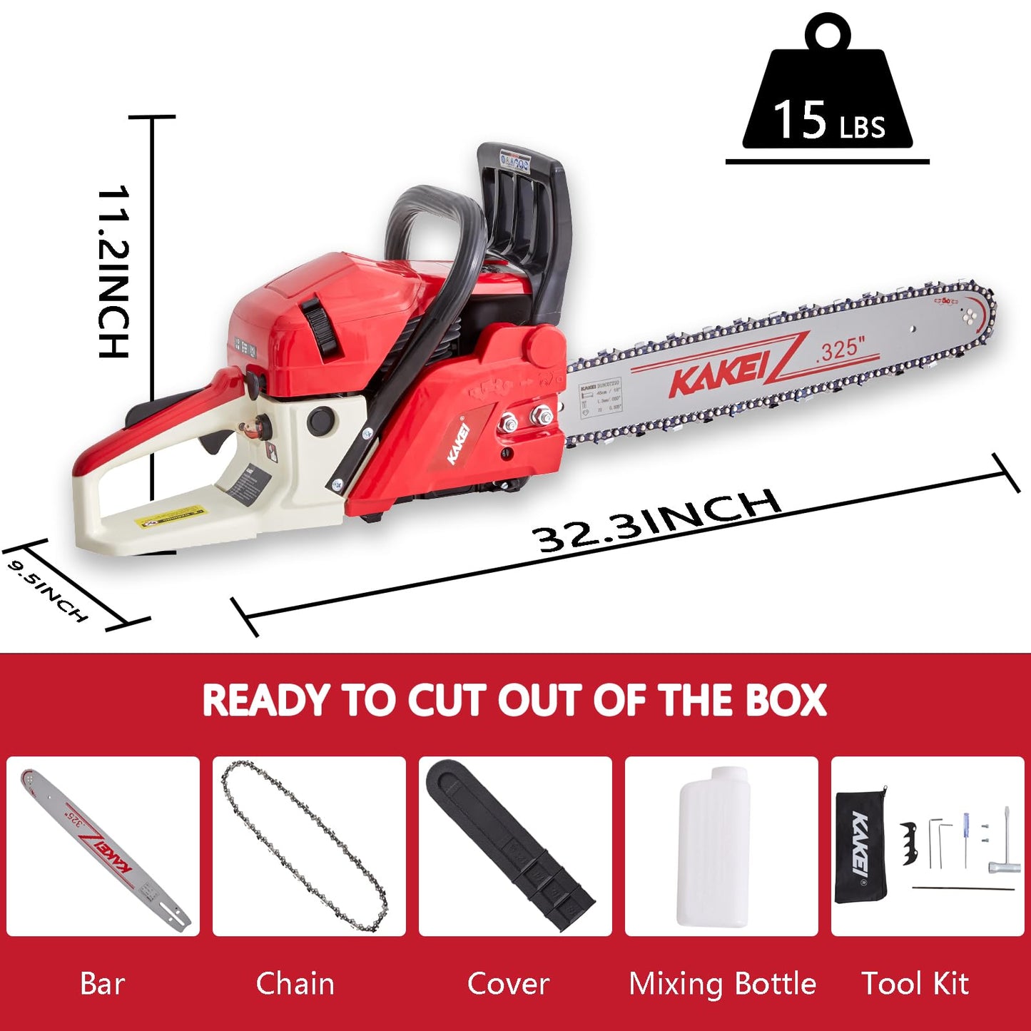 KAKEI 62CC 18-Inch Gas Chainsaw, 3.8HP 2-Stroke Engine, Easy Start, Germany-Steel Chain & Precision Bar, Gas Powered Chainsaw for Tree Cutting, Firewood and Logging