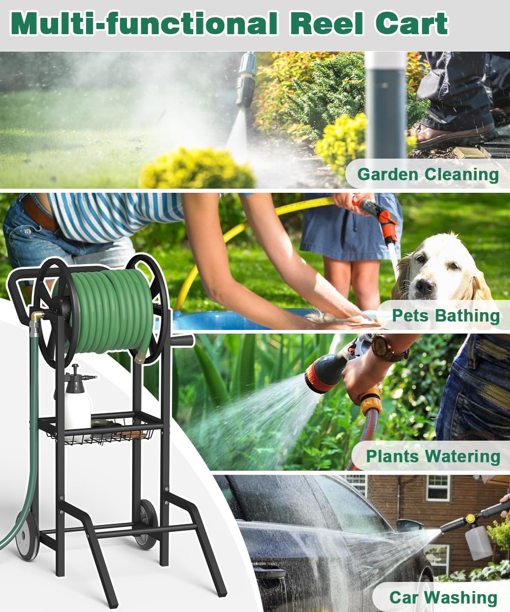 Artigarden Hose Reel Cart with 2 Wheels, Garden Water Hose Holder Heavy Duty Powder Coated Steel Outdoor Winder Storage Holds 125 ft 5/8" Hoses with Basket and 3.9ft Leader Hose for Backyard, Black