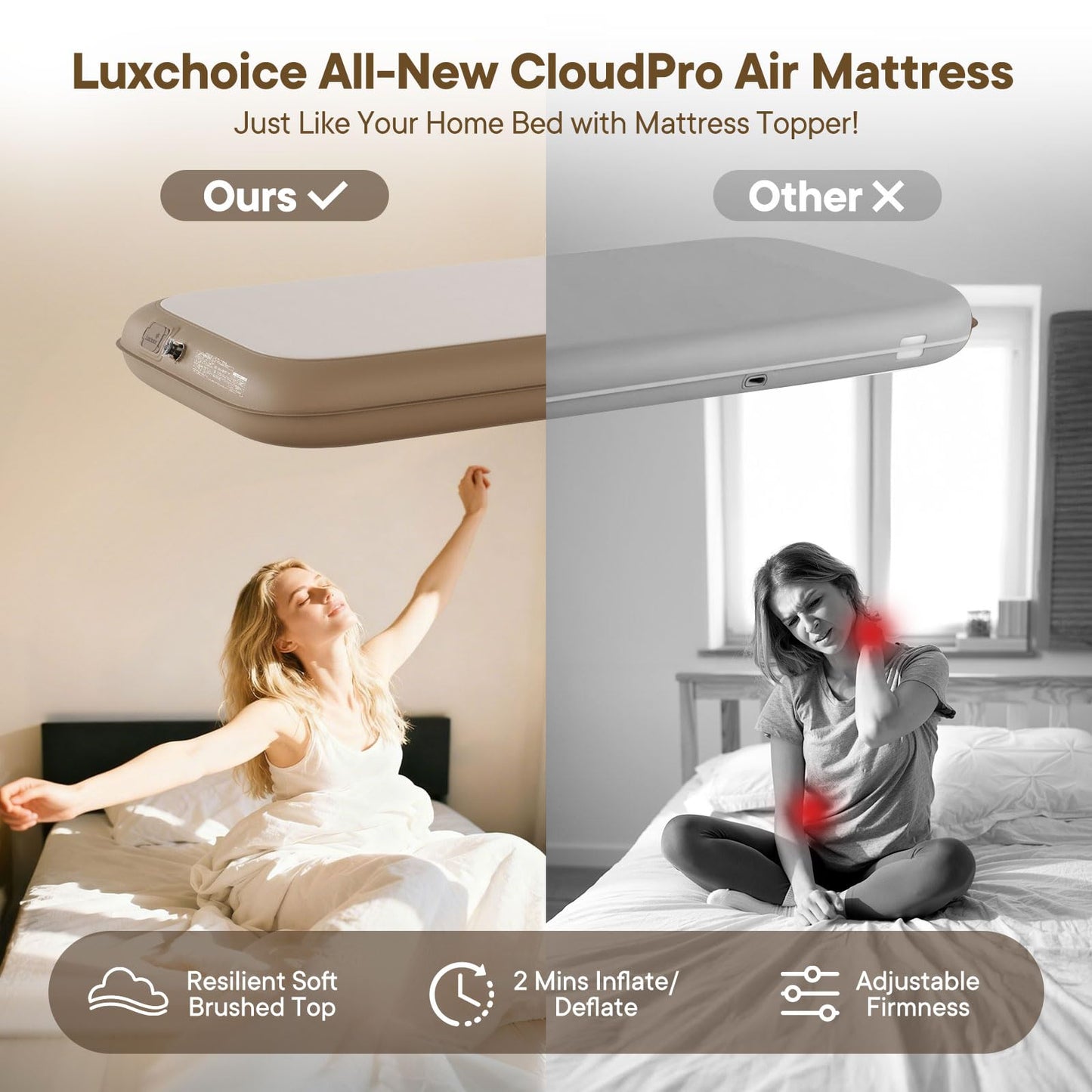 Camping Air Mattress Twin with Built in Pump No Air Leak 2 Mins Upgraded Inflatable Mattress Adjustable Firm 8'' Drop Stitch Fabric Blow up Mattress Support 1100LBS Portable Home Guests Camping Travel