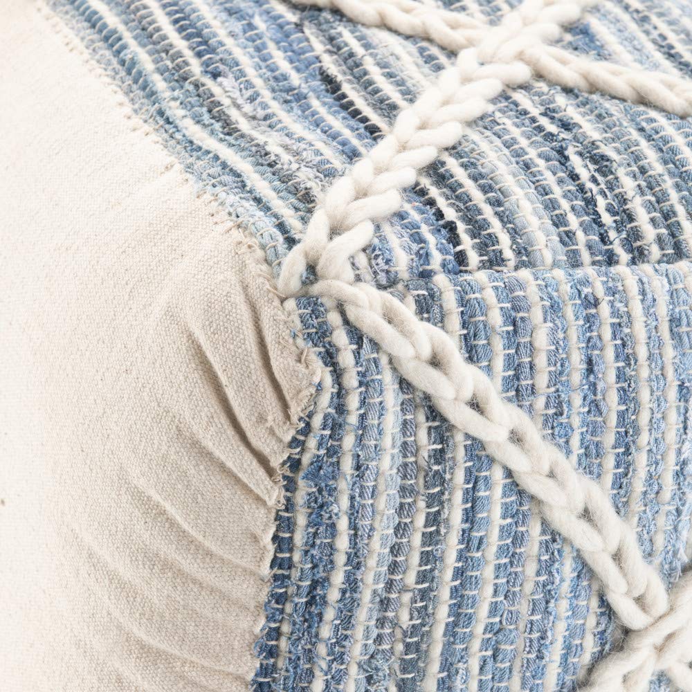 SIMPLIHOME Cowan Square Pouf - 20 inch Wide Handloom Woven Wool and Cotton Ottoman in Blue and Natural, Contemporary Footstool or Extra Seating for Living Room, Bedroom, or Kids Room, Assembled