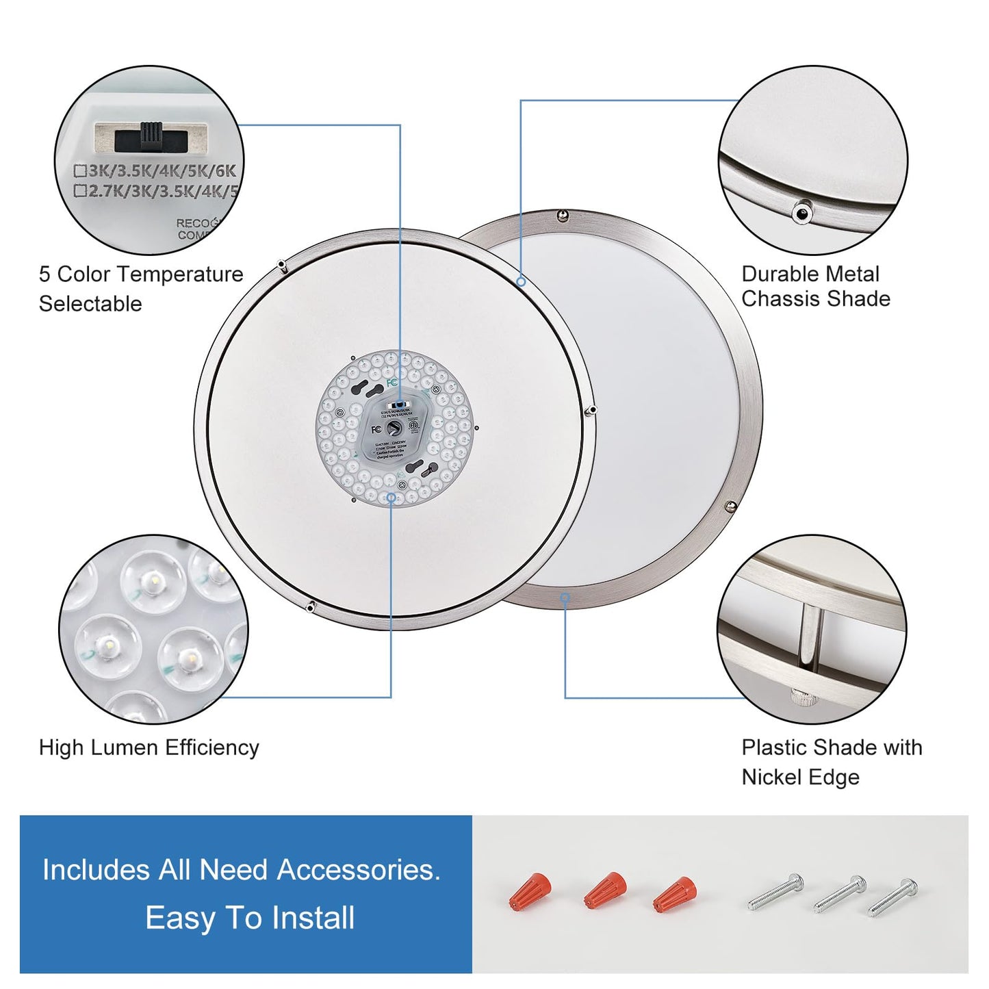 DLLT Flush Mount LED Ceiling Light: 13 Inch 5CCT (3000K-6000K) & Dimmable Ceiling Light Fixtures for Bedroom Hallway - 24W Modern Brushed Nickel Super Bright Kitchen Lighting Fixtures Ceiling