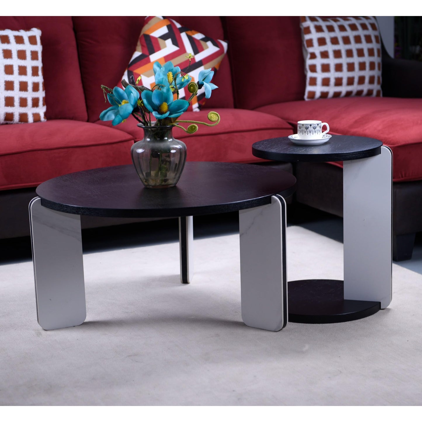 Set of 2 Round Nesting Tables - Multi-Purpose Home Furniture Ideal for Small Spaces, Functional as Living Room Coffee Table, Bedroom Night Stand, Dining Room Side Table, Sofa End Table (Black A)
