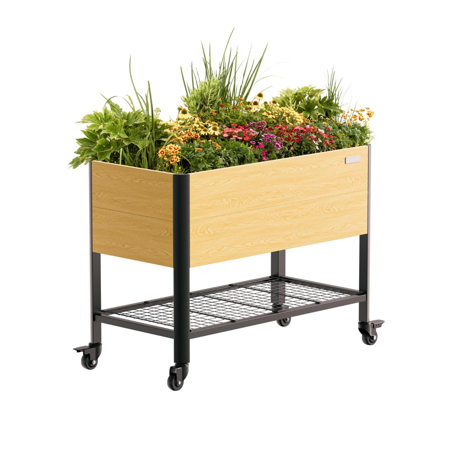 Rolling Elevated Garden Bed, 2' x 4' Metal Woodgrain Elevated Outdoor Planters Boxes with Legs & Storage Rack for Patio, 1000 lbs Weight Capacity, Raised Beds for Gardening Herb Flowers Vegetables