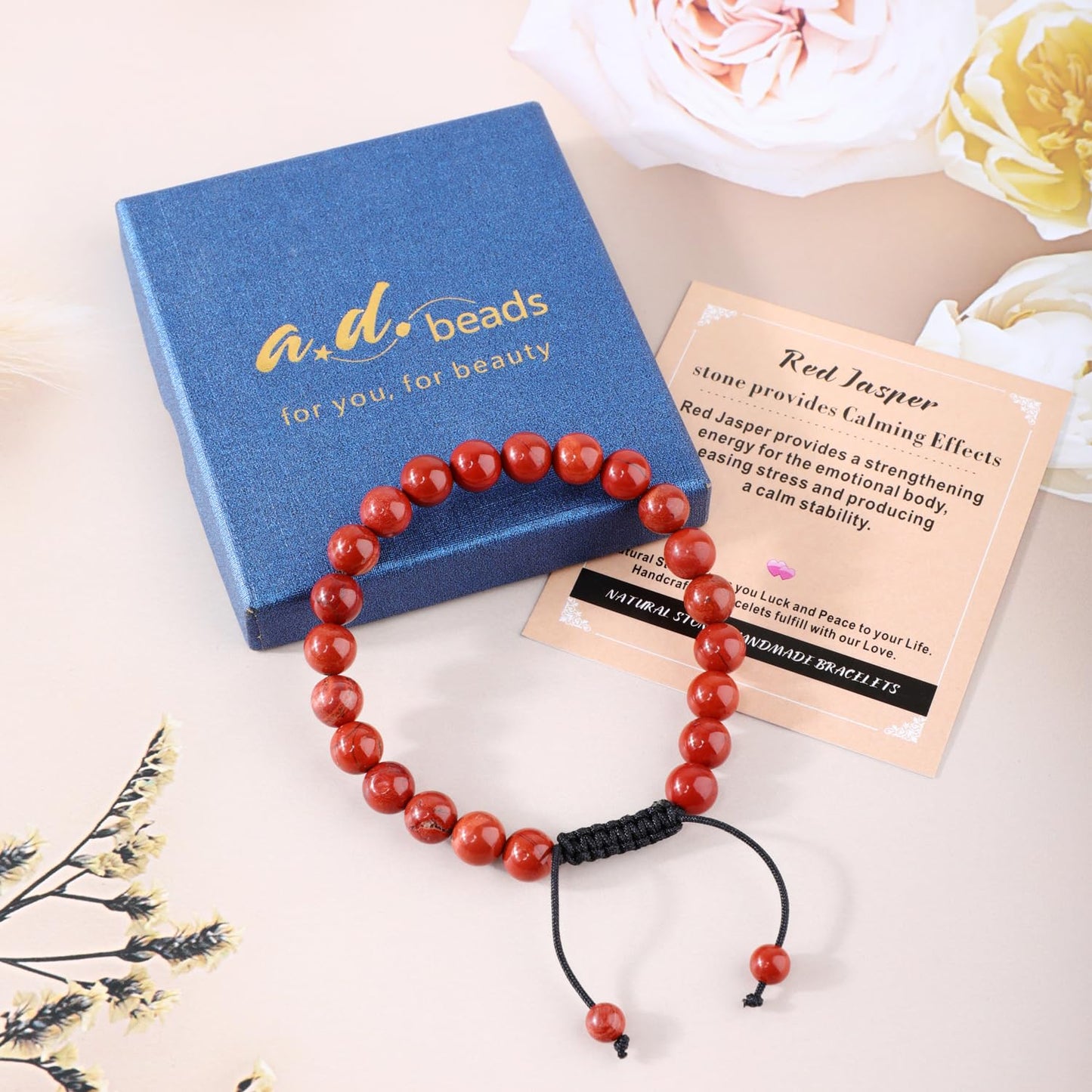 AD Beads 8mm Red Jasper - Stone Pepvodes Calming Effects - Handmade Natural Stone Crystal Bracelet with Adjustable Macrame String - Yoga Healing Power Energy Gifts for Men and Women