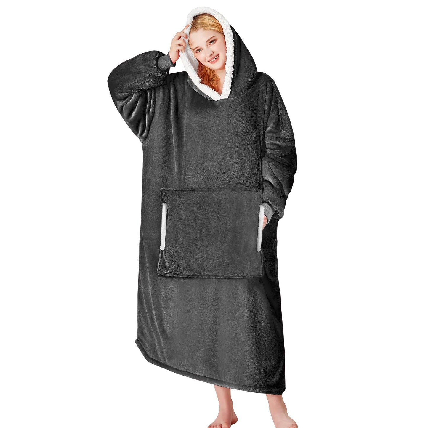 yescool Wearable Blanket Hoodie - Birthday Gifts for Women Mom Girlfriend, Oversized Flannel Sherpa Cozy Hooded Blanket Sweatshirt Adult With Hood Pocket & Sleeves, One Size Fits All (Grey)