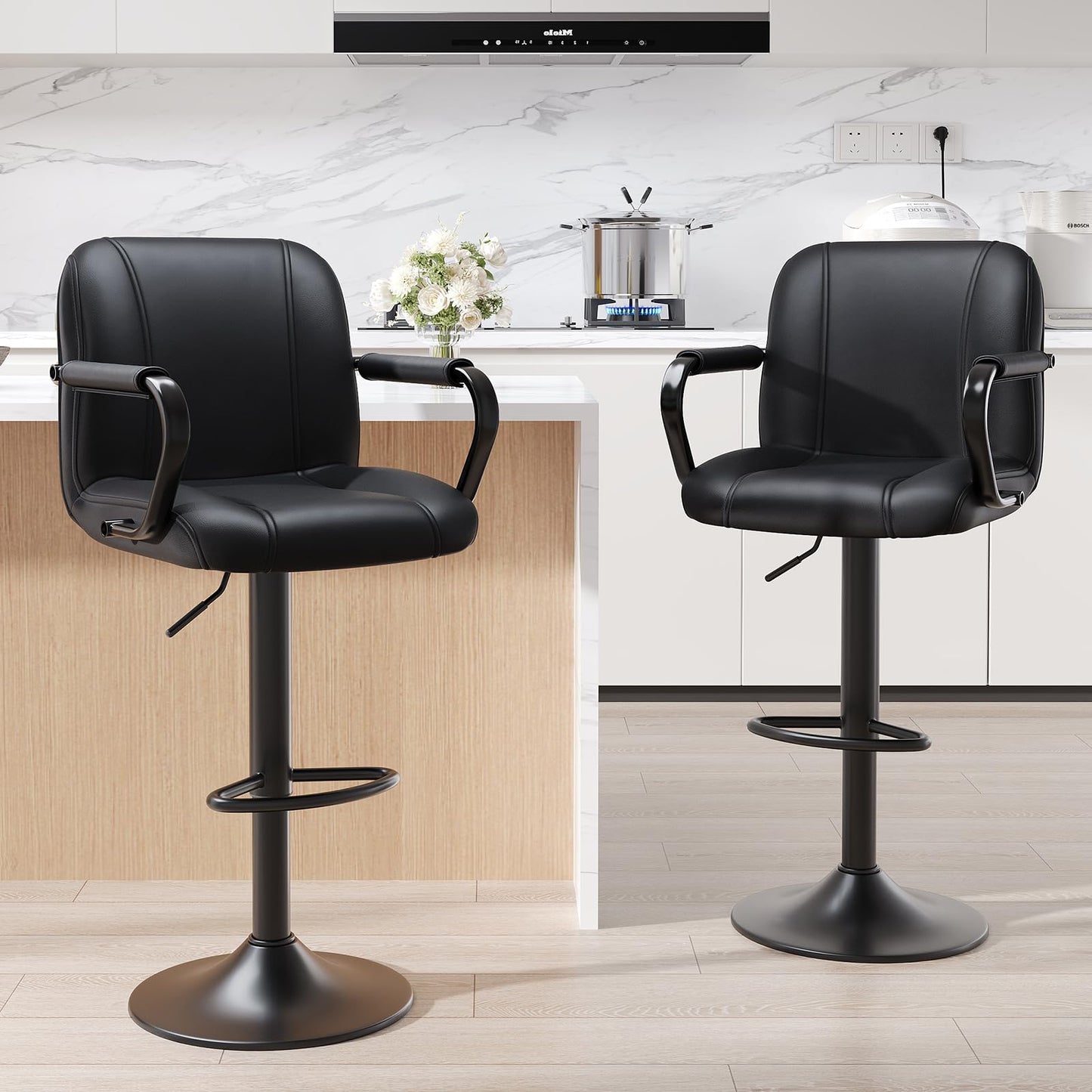 MALOL Set of 2 Modern Bar Stools with Backs - Adjustable High Chairs for Kitchen Island, Barstools for Home Bar, Island Stools, Sillas Altas para Barra de Cocina, Black PU Leather