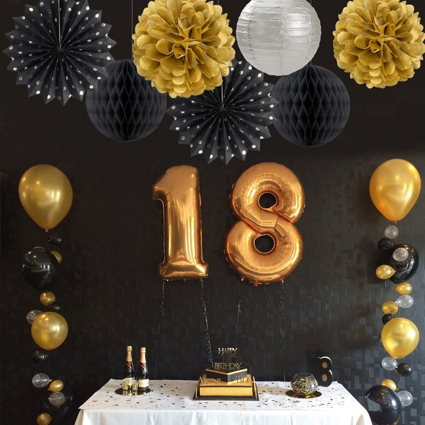 Black Gold Silver Party-Decorations Streamers-Lanterns - 14pcs Graduation 2026 Paper Fan,Tissue Flower Pom Poms Streamers,Honeycomb Balls,Men Birthday Wedding Baby Bridal Shower Decor Ouruola