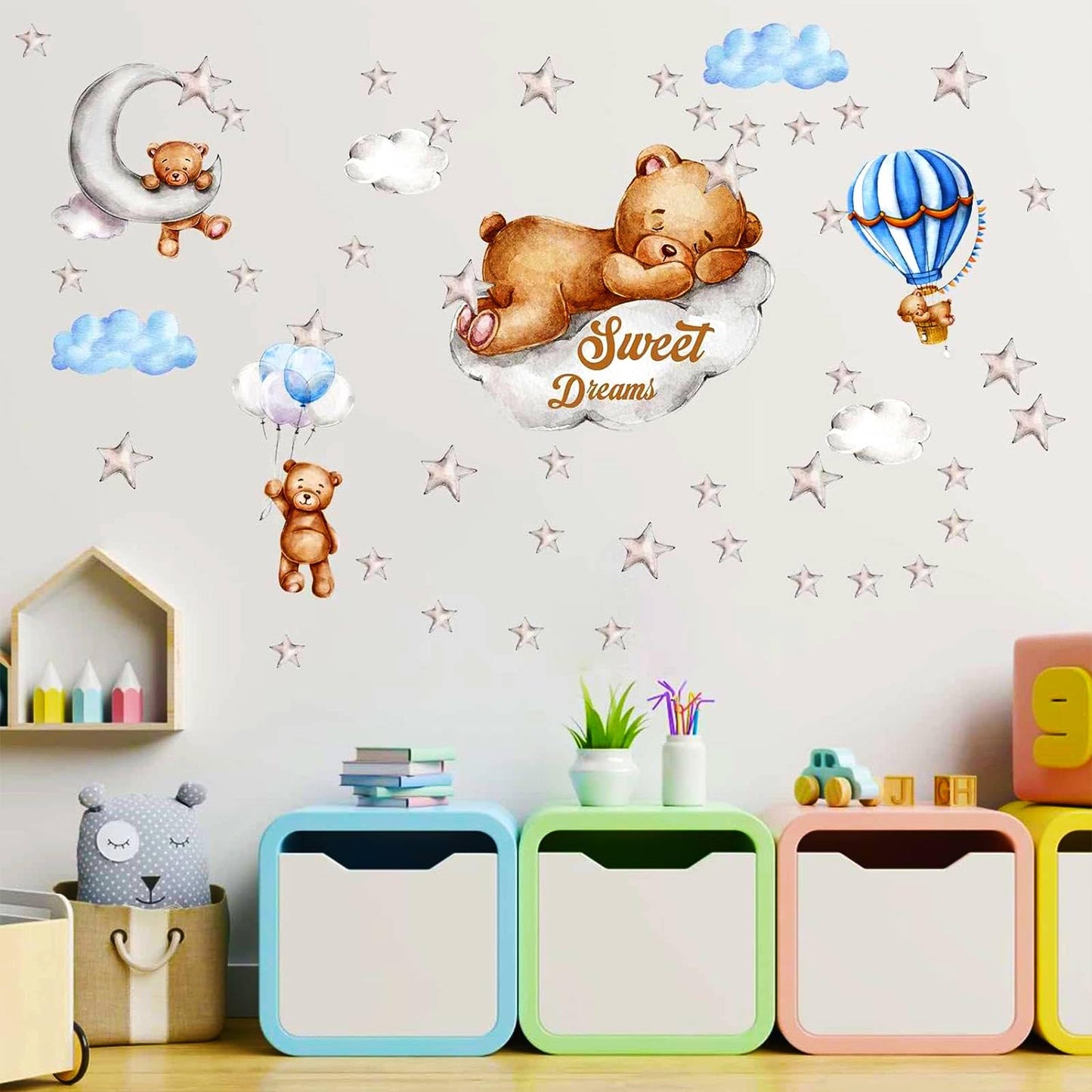 Tedy Bear Moon & Stars Wall Decor - Sleeping Bear Wall Stickers, Baby & Nursery Room Decor