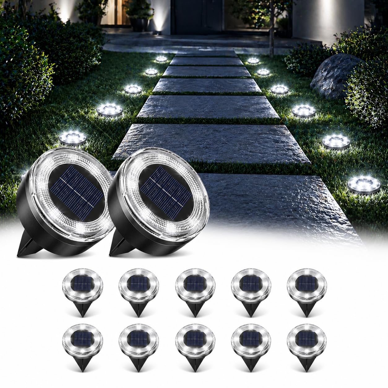vighep Mini Solar Ground Lights, 12 Pack 2.2 Inch Solar Lights Outdoor Waterproof, Mow‑Over Safe, Upgraded LED Flat Landscape Lighting for Outside Pathway Garden Patio Yard Driveway,Cold White