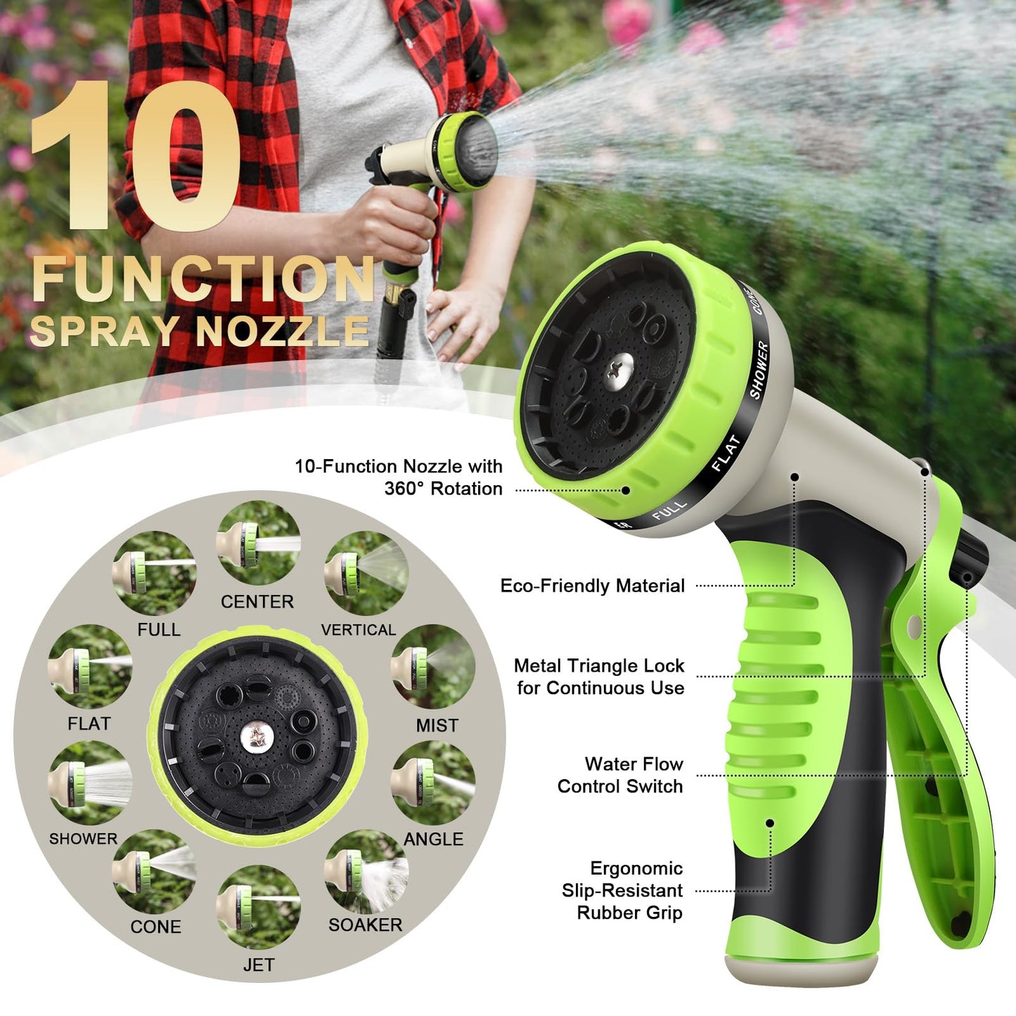 Metal Garden Hose 50FT Stainless Steel Heavy Duty Flexible Lightweight Water Hoses Pipe with 10-Function Spray Nozzle and 3/4" Solid Brass Fittings No Kink Durable for Outdoor Yard & Lawn