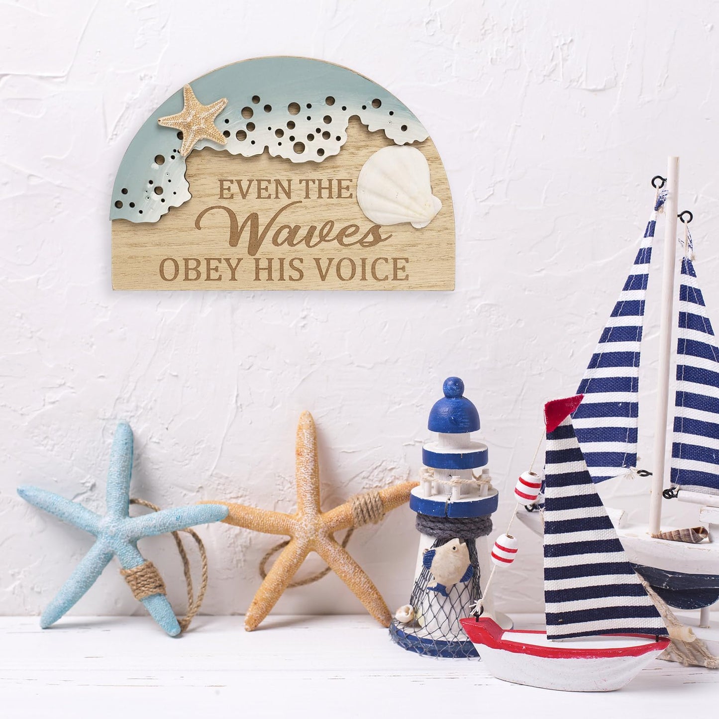 flangairy Beach Wall Decor With 3d Starfish Seashell Waves, Wooden Coastal Wall Art Nautical Beachy Theme Room Bathroom Ocean House scripture Sign Table Shelf Window Sill Decorations For Home