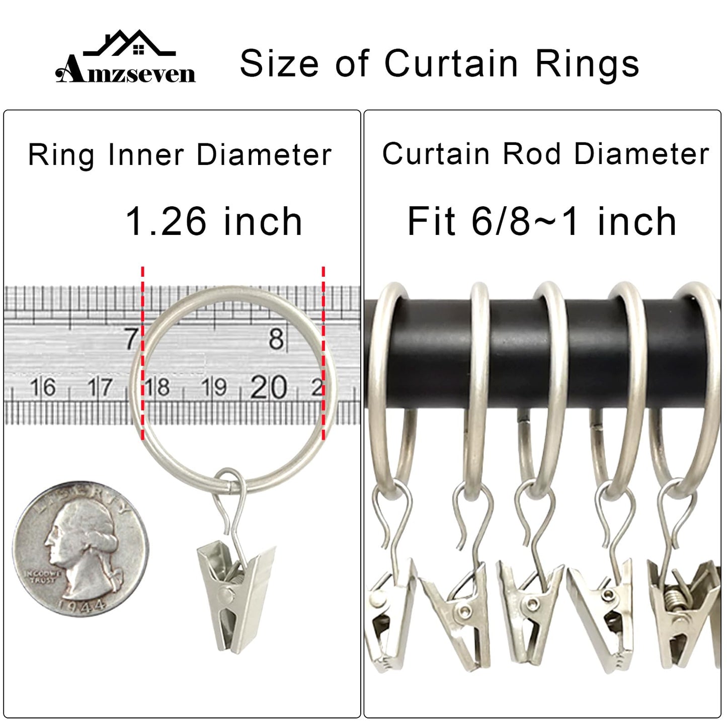 AMZSEVEN 40 Pack Curtain Rings with Clips, Drapery Clips with Rings, Drapes Rings 1.26 in Interior Diameter, Fits up to 1 in Curtain Rod, Matte Silver