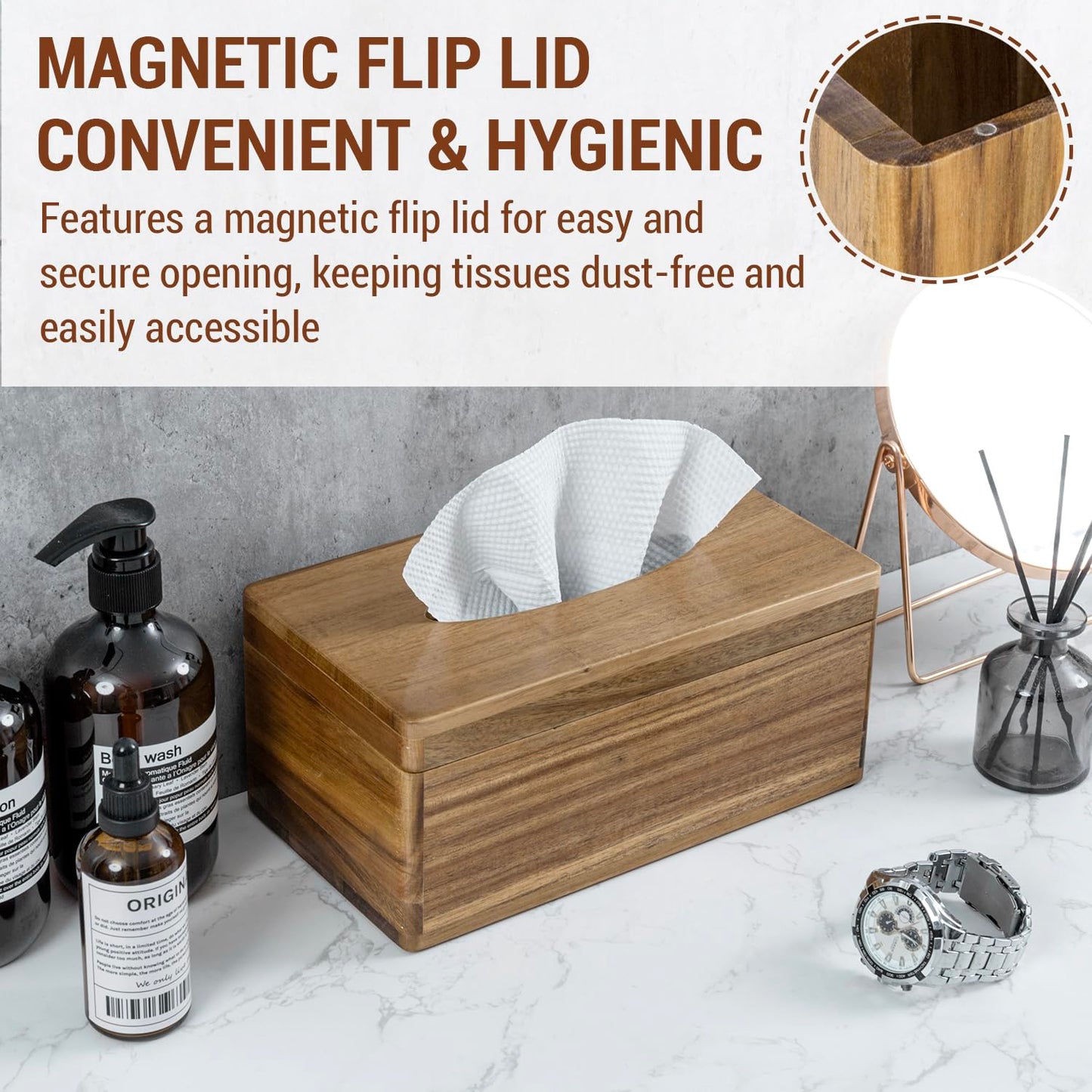 MyGift Premium Acacia Solid Wood Rectangular Tissue Box Holder with Hinged Magnetic Lid, Decorative Bathroom Countertop Facial Tissues Dispenser with Flip Top Cover