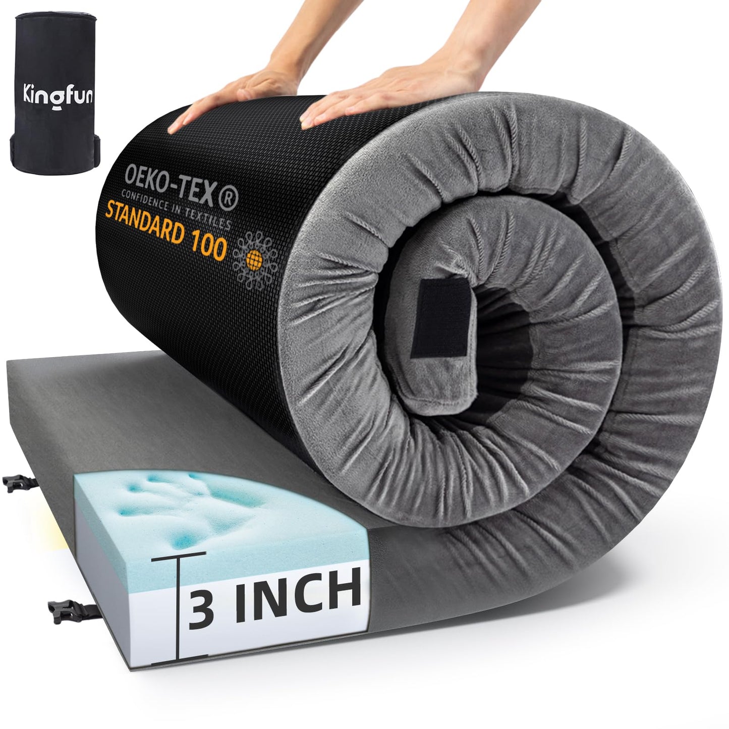 Kingfun 3 Inch CertiPUR-US Memory Foam Camping Mattress, Waterproof Roll up Sleeping Pad for Adults, Comfortable Thick Floor Sleeping Mats for Car Truck Tent with Removable Travel Bag, Single