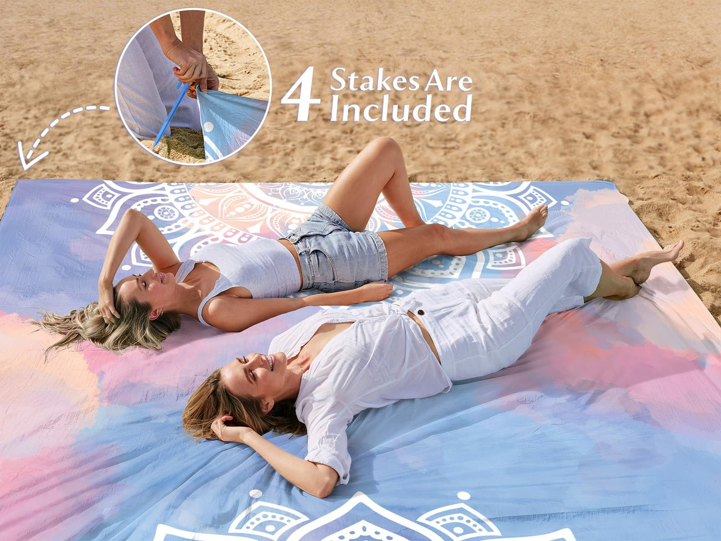 AlphaBeing Beach Blanket Waterproof Sandproof, Extra Large Beach Mat for 1–8 Adults, Oversized Picnic Blanket with 4 Stakes & Storage Bag, Essential Beach Gear for Travel (Mandala, 79“×83”)