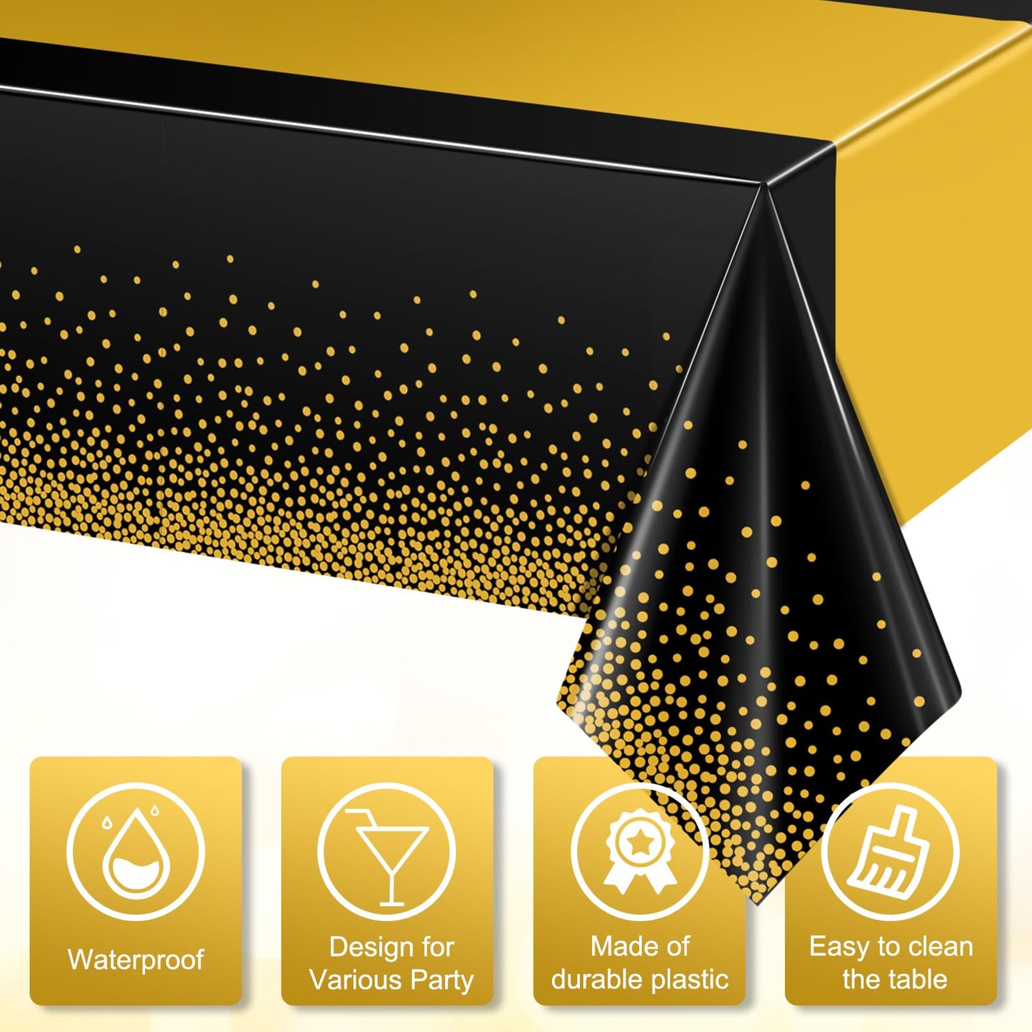 3Pcs Black and Gold Tablecloth Party Decorations,Plastic Black Table Cloth Printed Gold Table Runner Disposable Rectangle Tables Cover for Birthday Retirement Anniversary Graduation Party,54 x108 Inch