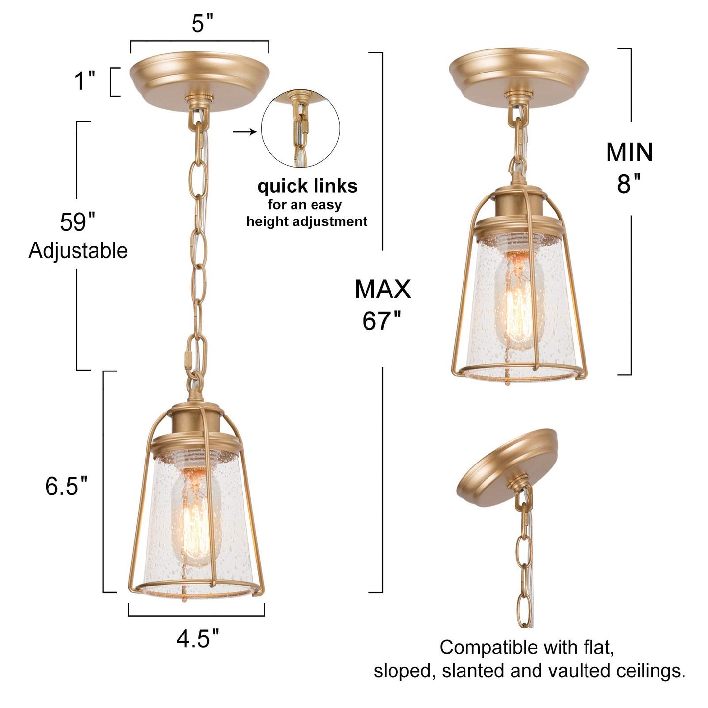 KSANA Gold Pendant Lighting, Mini Modern Hanging Light Fixture with Seeded Glass Shade for Kitchen Island, Foyer, Hallway, Bedroom and Entryway