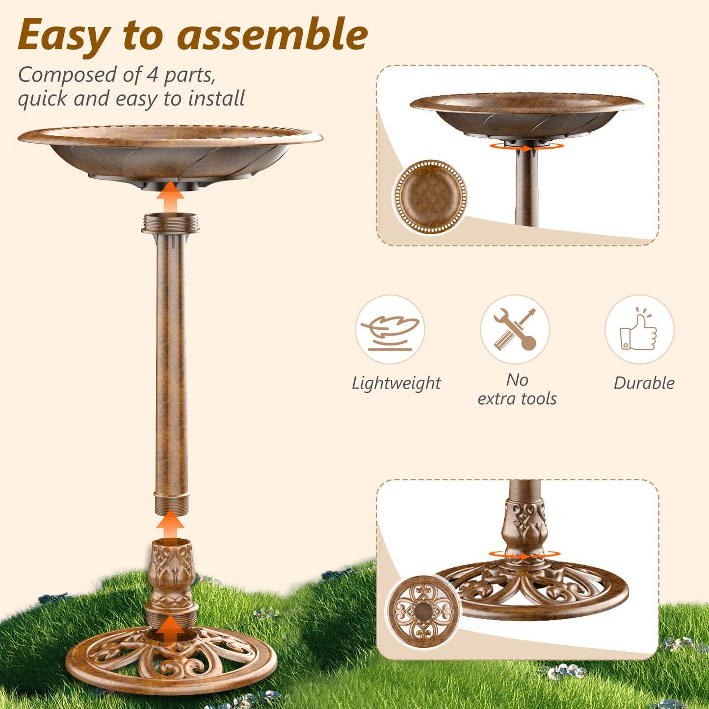 AISITIN 28 Inch Bird Bath with 3.5W Solar Fountain for Outside, Antique Copper Polyresin Pedestal Bird Baths for Outdoor Garden Courtyard Decor, Weather-Resistant Birdbaths with 20" Bowl & 8 Nozzles