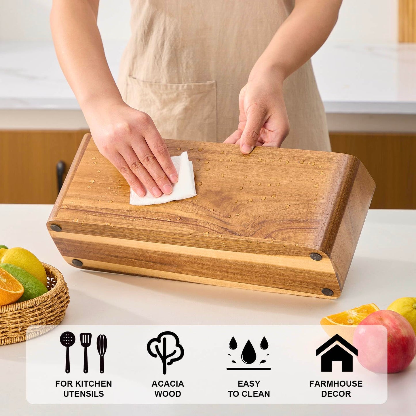 Wooden Utensil Holder for Kitchen Counter, Acacia Wood Kitchen Utensil Holder for Countertop with 4 Compartment, Cooking Utensil Organizer, Silverware Caddy (Acacia Wood, 4Compartment)