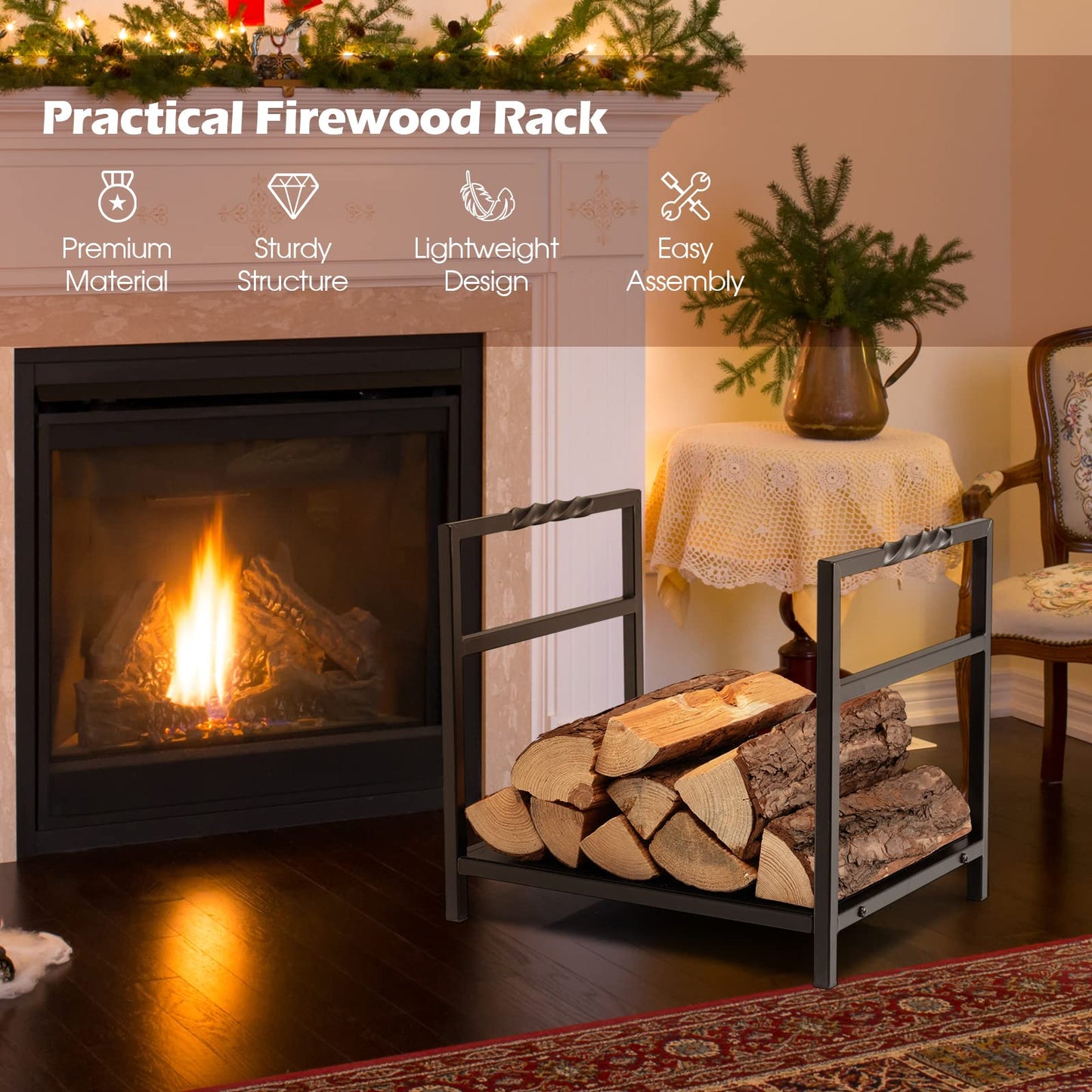 Tangkula Firewood Log Rack, Heavy Duty Firewood Holder with Unique Handle and Raised Feet, Firewood Storage Holder for Fireplace, Stove, Fire Pit, Easy Assembly, Black