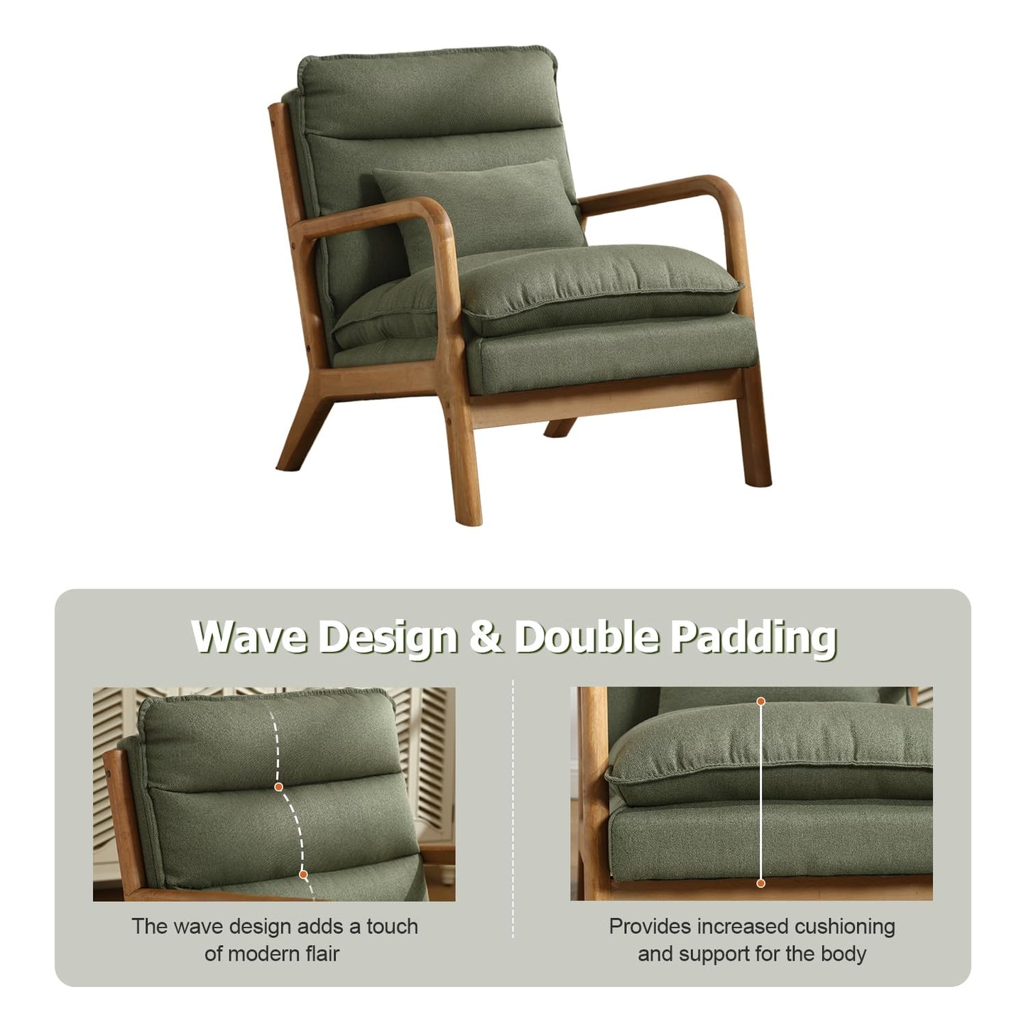 INZOY Mid Century Modern Accent Chair with Wood Frame, Upholstered Reading Armchair with Waist Cushion, Double Padded Accent Chair, Side Chair for Living Room Bedroom Office, Easy Assembly, Green